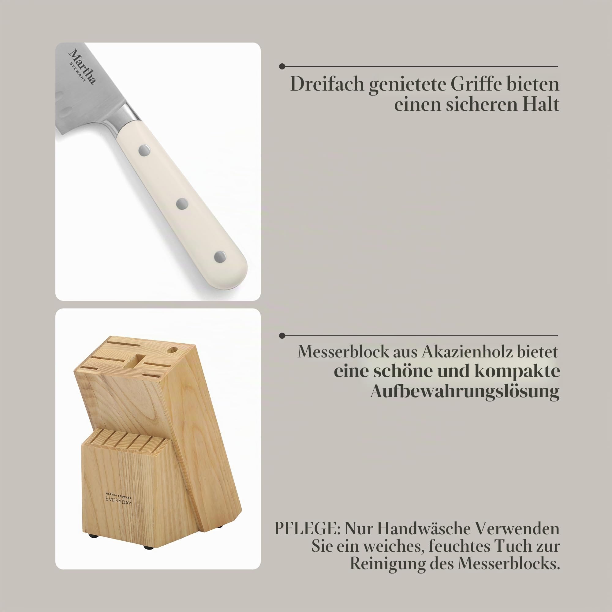 MARTHA STEWART Eastwalk 14-teiliges Messerblock-Set, aus hochwertigem Karbonstahl, mit ABS, dreifach geriffelter Griff, Akazienholz, Weiß