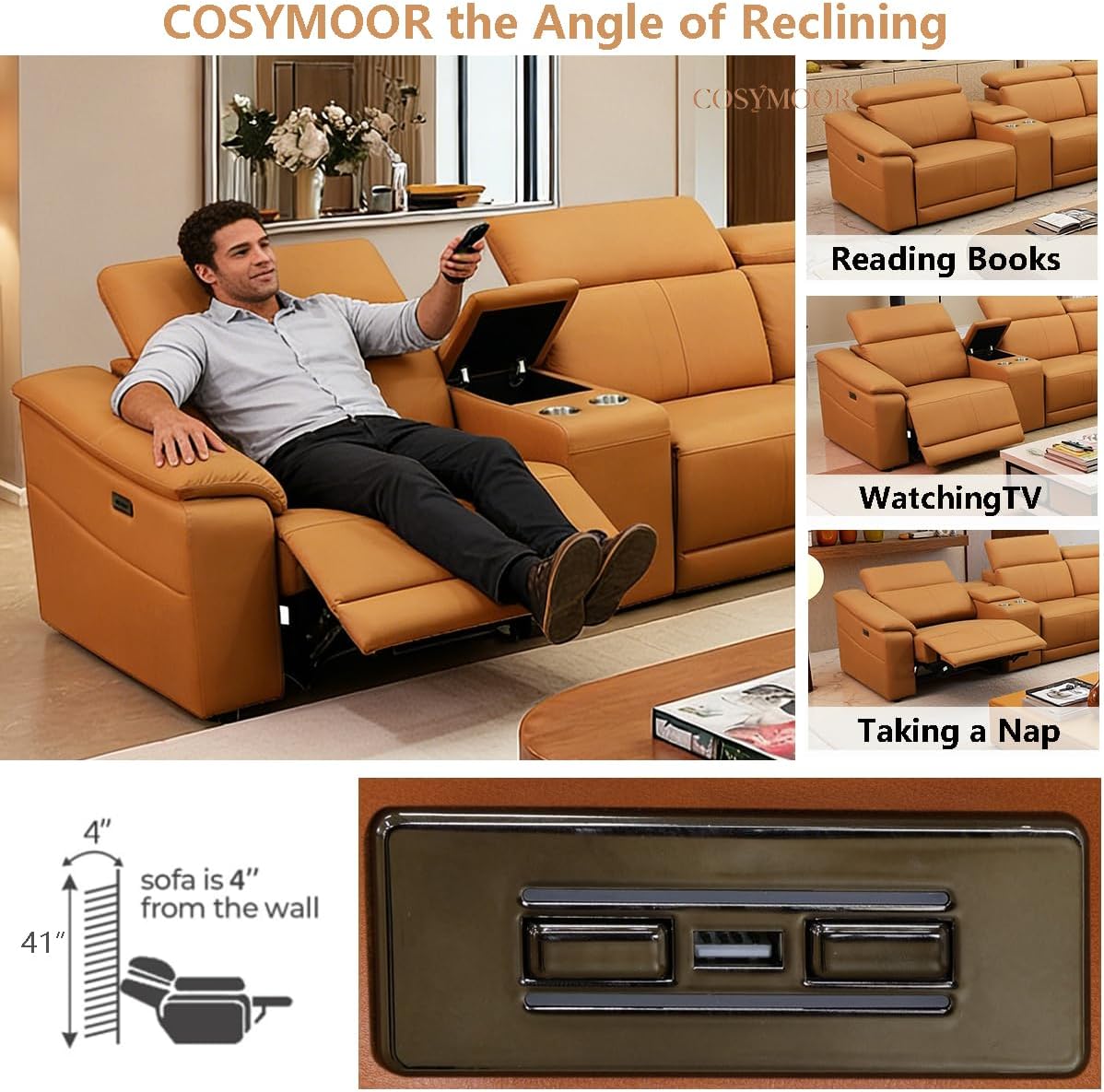 Power Recliner Sectional Sofa with Adjustable Headrest, Power Leather Corner Sectional Couch with 2 Recliners, 4-Seater L Shaped Couch with Storage Console/Cup Holder/30'' Wide Seat for House