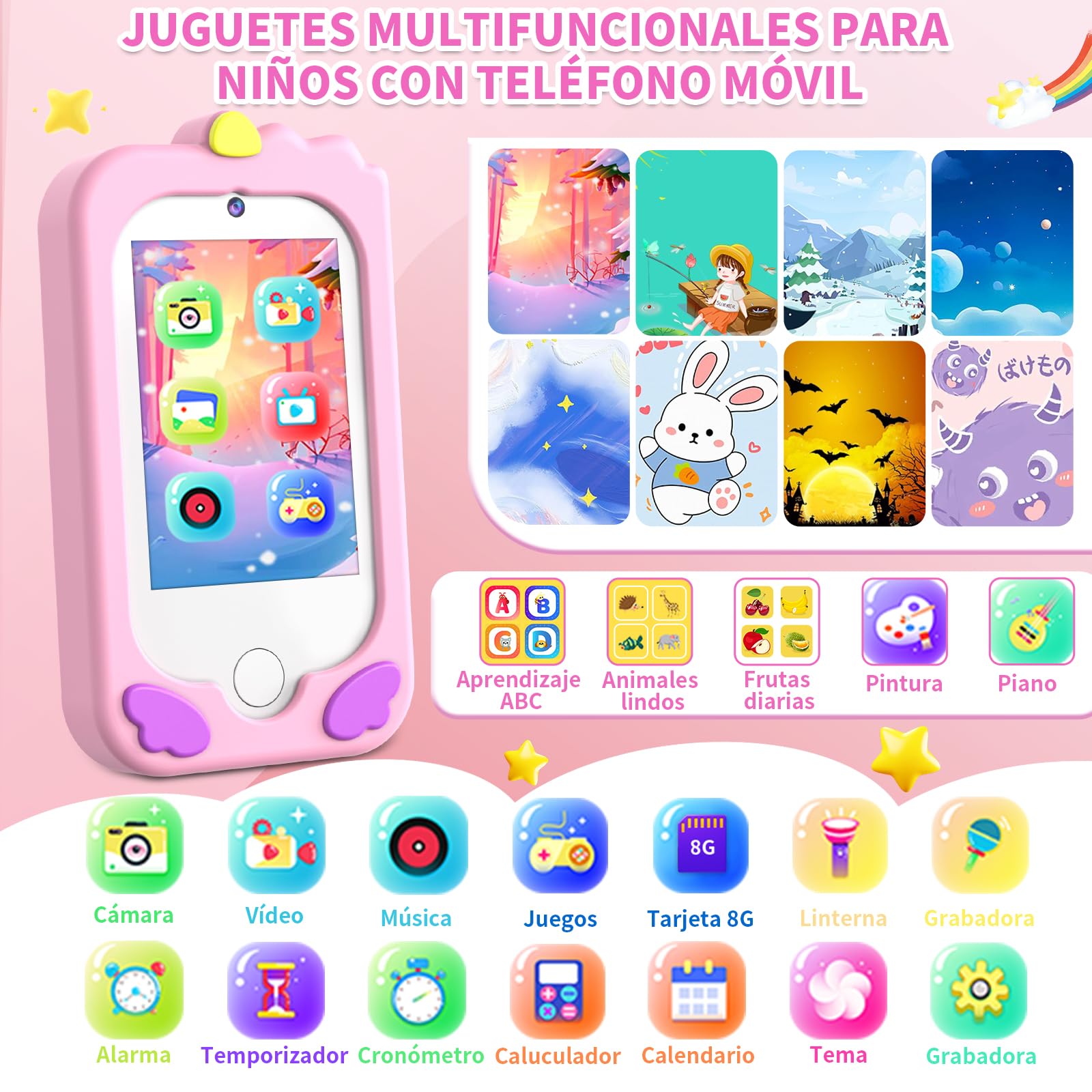 Teléfono de Aprendizaje de Pantalla táctil para niños con Doble cámara 2.8 Pulgadas Pantalla táctil teléfono de Aprendizaje Juguete de Aprendizaje con Tarjeta SD 3-9 años Regalos