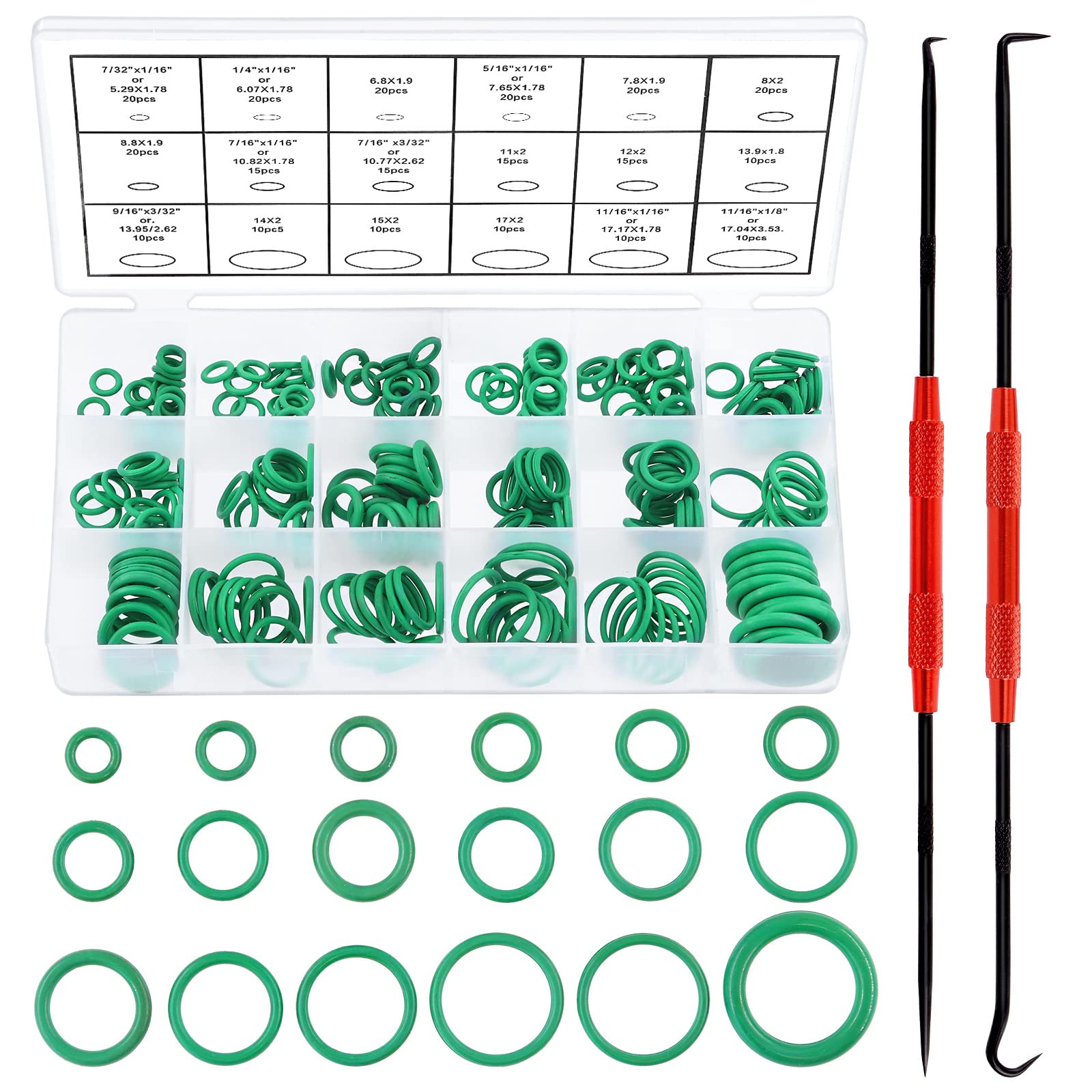 Tanstic 272Pcs 18 Sizes Universal O Rings Kit with 2Pcs Hose Removal Hooks, Green Rubber O Rings Kit O Rings Gasket Sealing Gasket Washers for Automotive Faucet Professional Plumbing