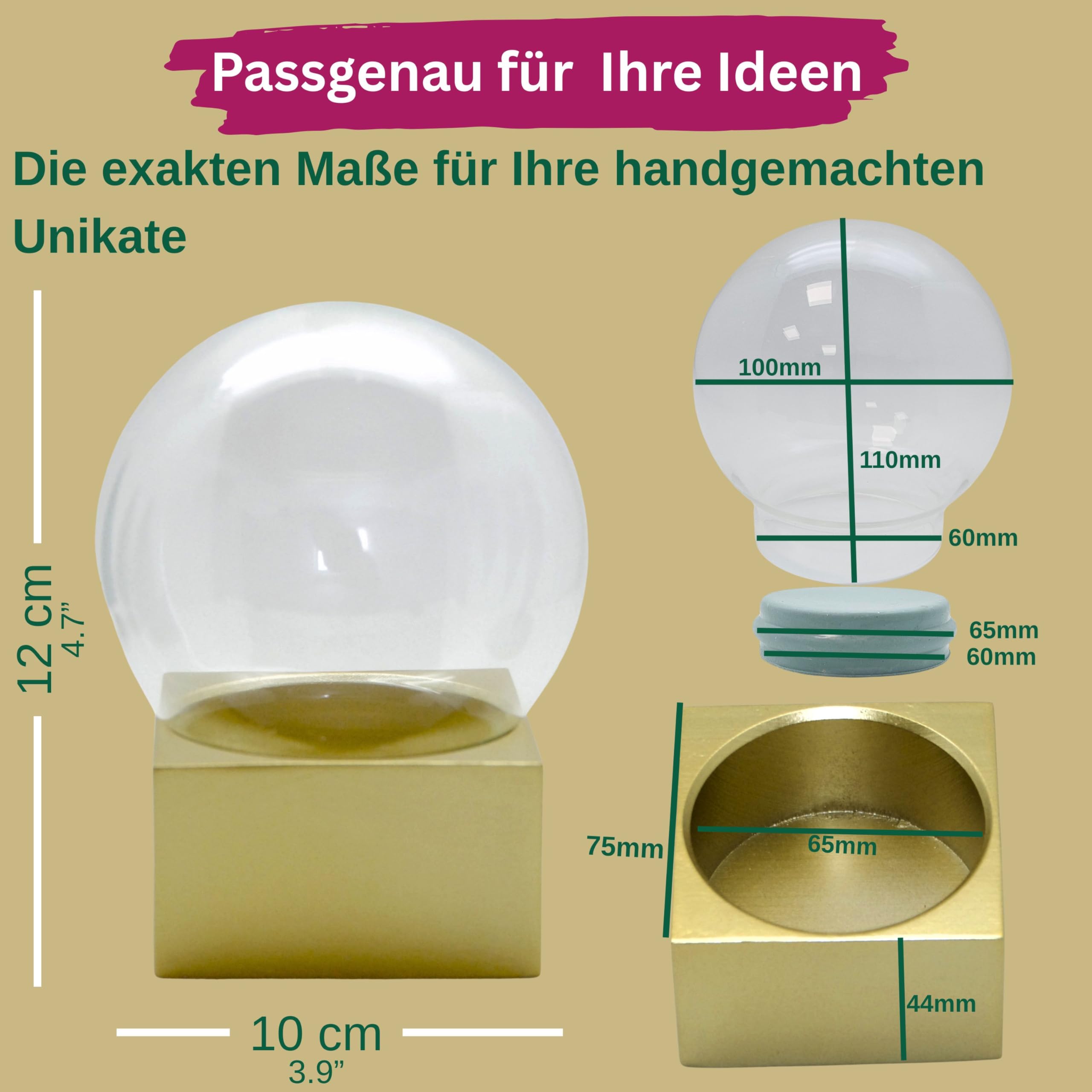 DIY-Komplett-Bastelset für Glas-Schneekugel 120x140mm Gold mit Schnee, Glitzer, Wasserklar & Kleber | DIY Glaskugel Sockel Gold matt eckig | B: 120mm H 140 mm | 40148
