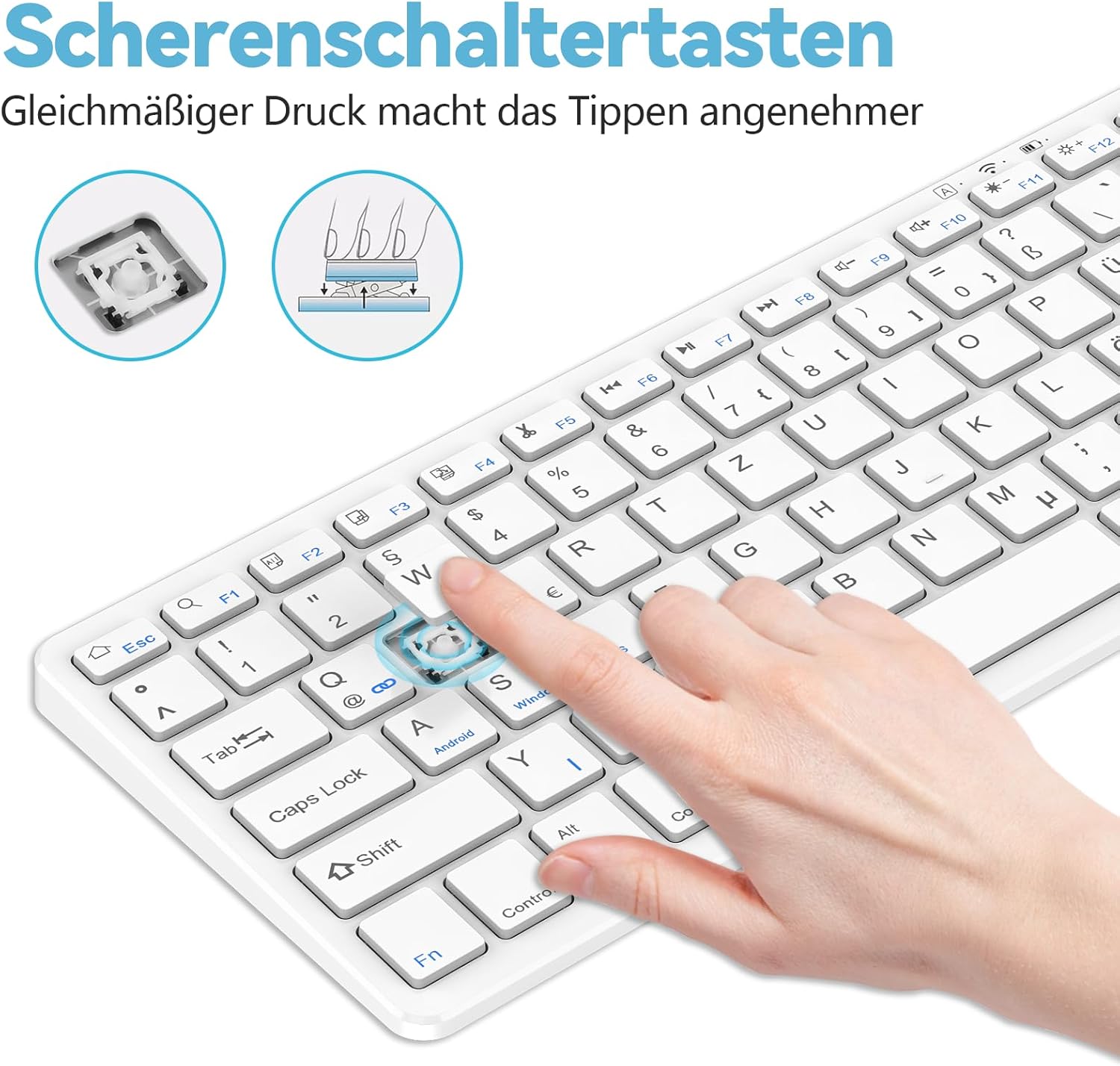 Close-up of TQQ keyboard keys showing scissor-switch mechanism