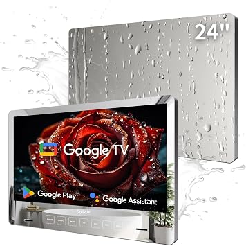 SYLVOX 24 inch Bathroom TV, 1080P Mirror Television with Google OS NTSC & ATSC Tuner WiFi Bluetooth Voice Remote, IP66 Waterproof Magic TV for Bathroom Bathtub Hotel Shower Spa Wall Mount