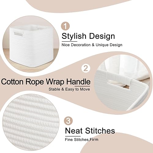 Miniatura 4 de OIAHOMY Cubos de almacenamiento de 11 pulgadas, paquete de 3, cestas tejidas de cuerda de algodón para organizar, cestas de almacenamiento cuadradas