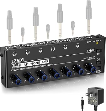 LZSIG Headphone Amplifier 6 Channel Metal Stereo Audio Amplifier with Bass Boost,Mini Earphone Splitter with Power Adapter,1/4" & 1/8" TRS Headphones Output and TRS Audio Input, DC 12V