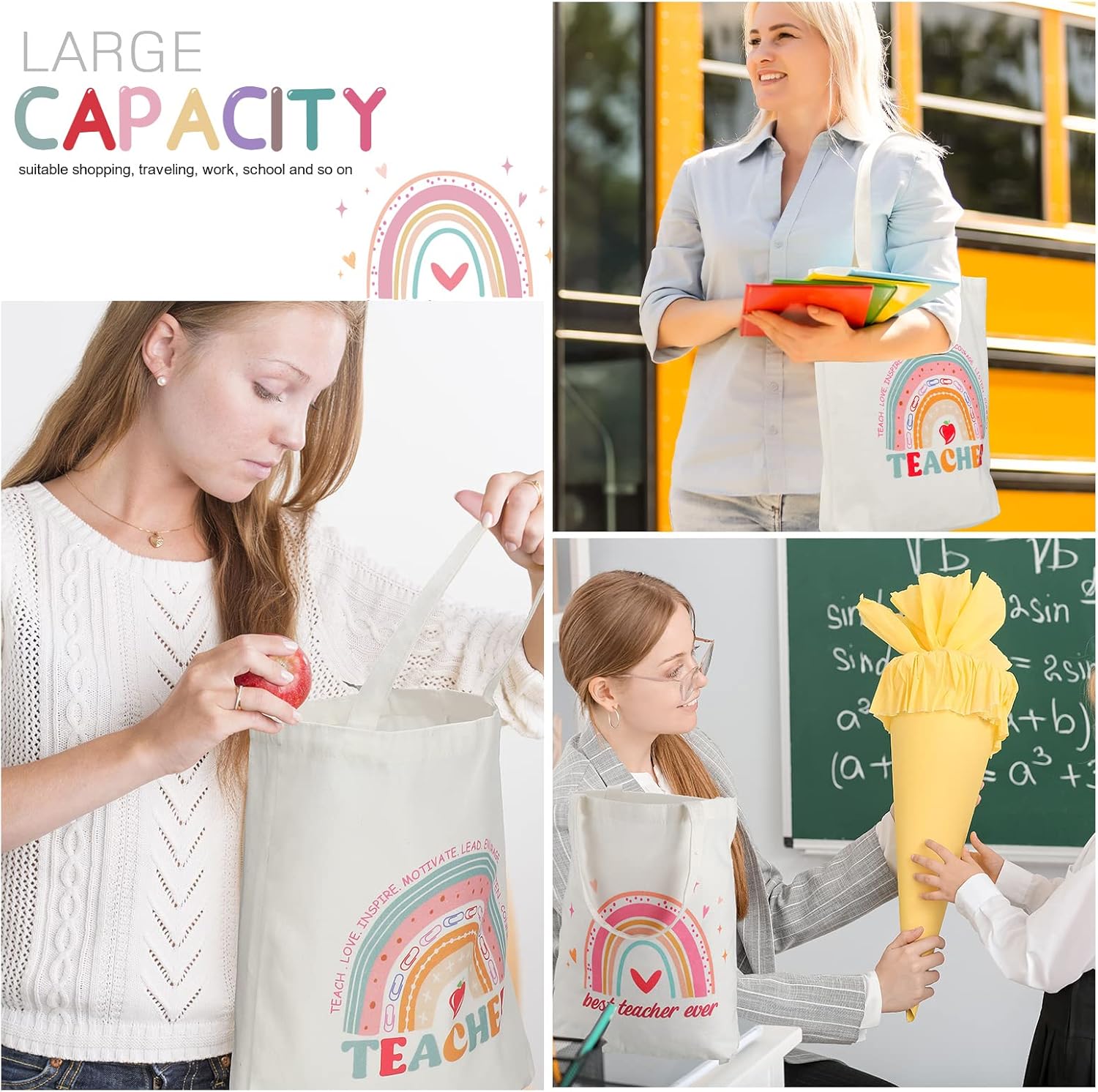 Mixweer 4 Pcs Teacher Appreciation Gifts Bags Teacher Canvas Tote Bags for Women Christmas School Supply(Rainbow Style) - Image 4