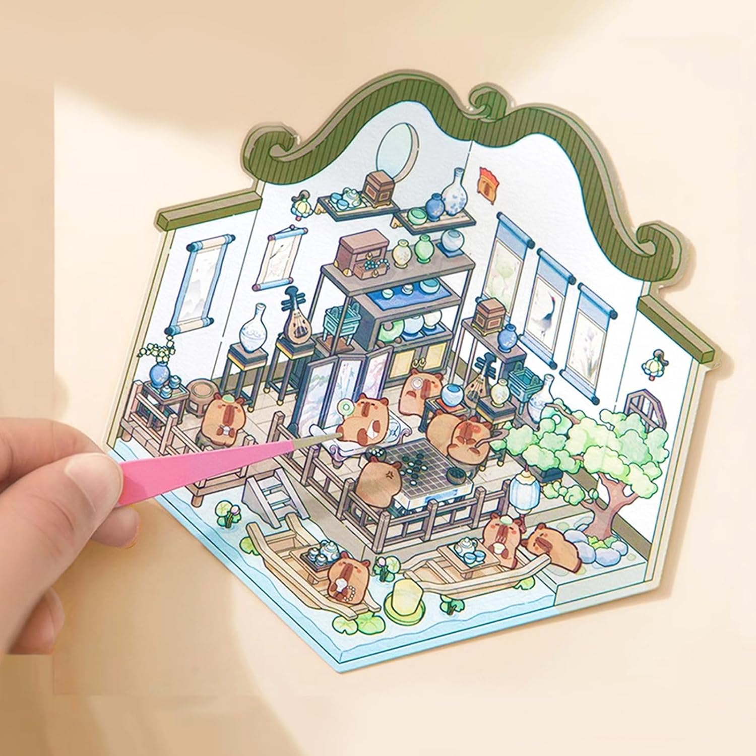 4 Sets Animals Vintage 3D Sticker Scene 3D Miniature Scene with Tweezers Make Your Own House Capybara Stickers