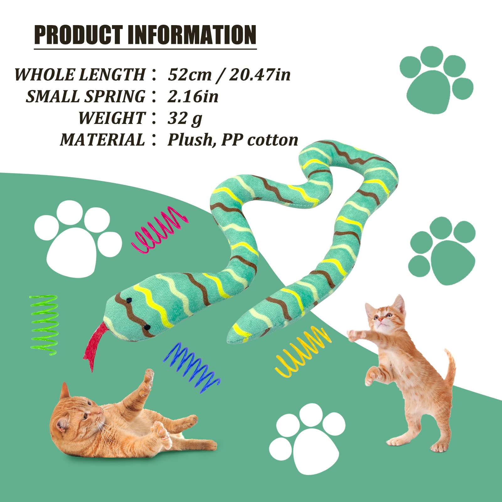 Andiker Cat Catnip Toys and 4 Cat Spring Toys Set, 20in Long Snake Catnip Toys Durable Interactive Cat Toys for Indoor Cats to Chase and Chew to Relieve Stress and Keep Fit (Green)