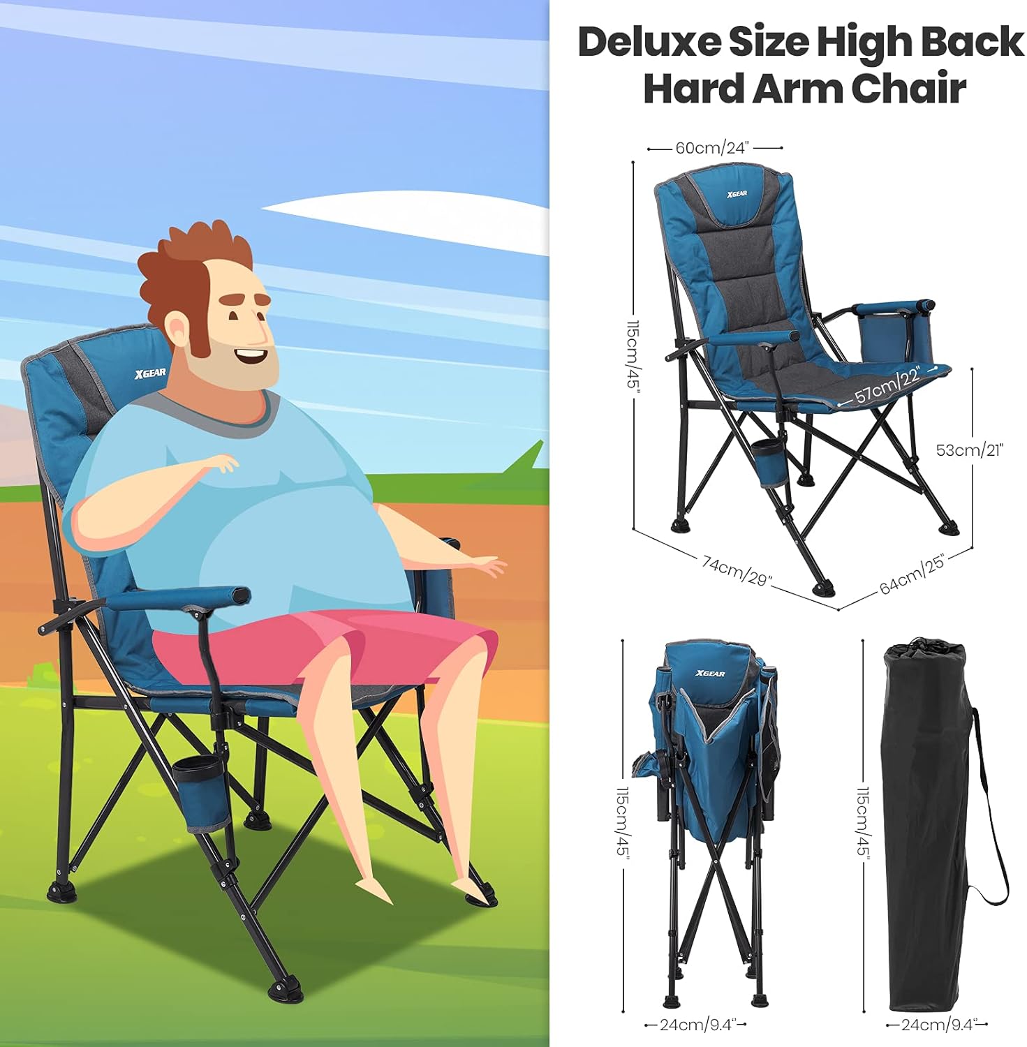 'XL Size Hard Arm Camping Chair with Padding (Blue) : Sports & Outdoors