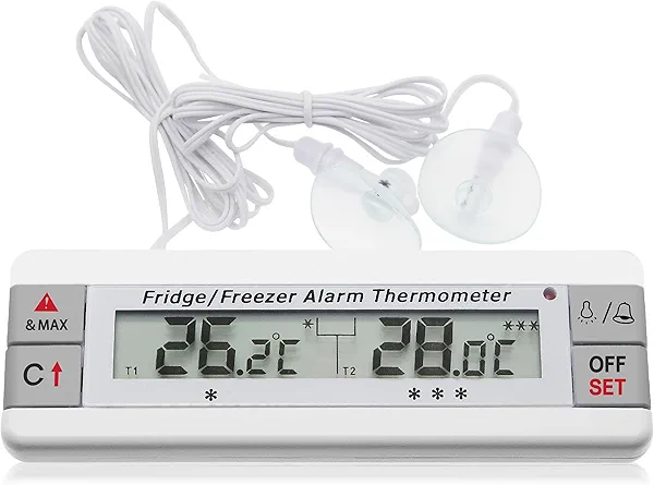 AMTAST Digital Refrigerator Thermometer 2 Channel Freezer Thermometer with Alarm Sound Reminder Thermometer Fridge with Max/Min Temperature Record Freezer Alarm with Magnetic Back for Home Kitchen