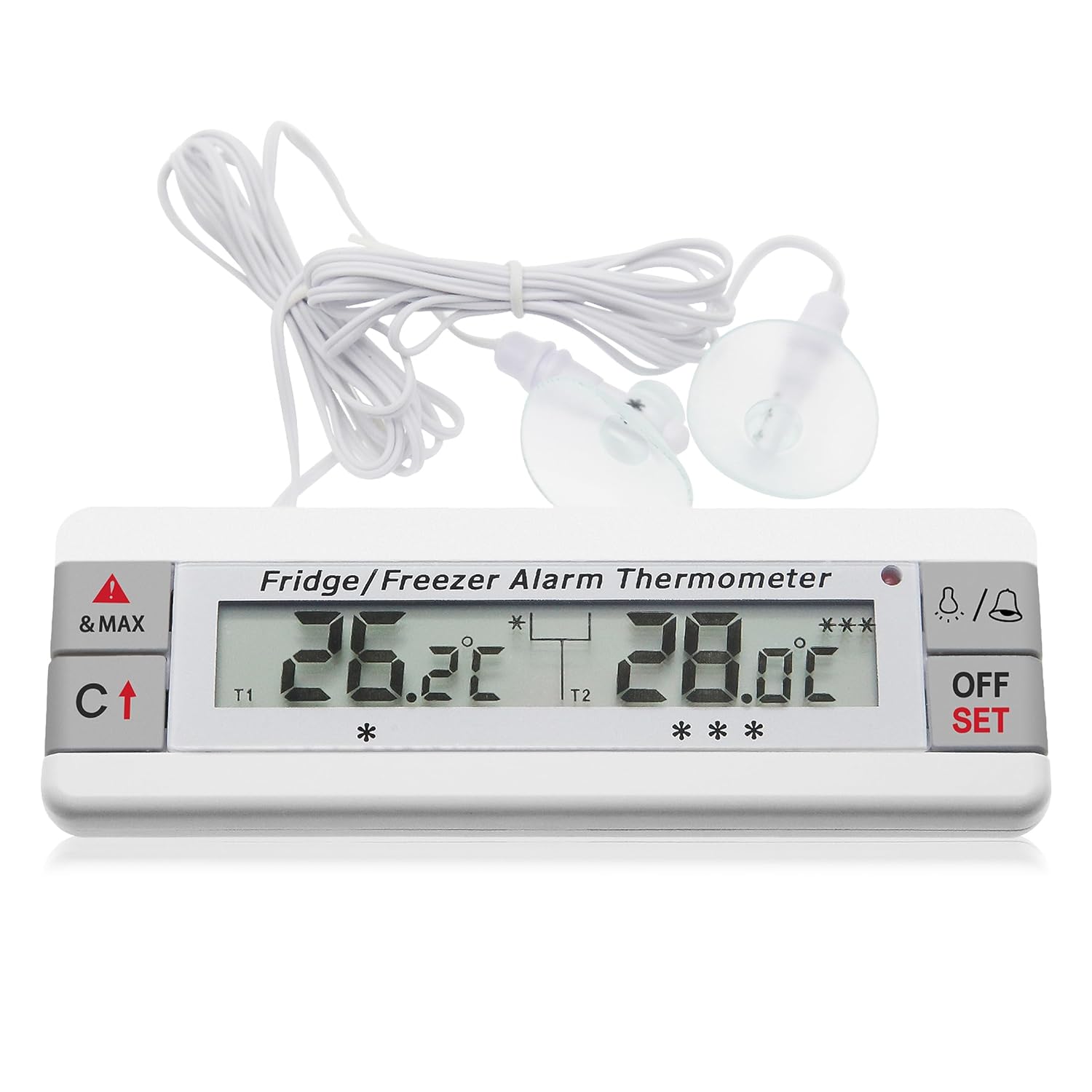 Digital Refrigerator Thermometer 2 Channel Freezer Thermometer with Alarm Sound Reminder Thermometer Fridge with Max/Min Temperature Record Freezer Alarm with Magnetic Back for Home Kitchen