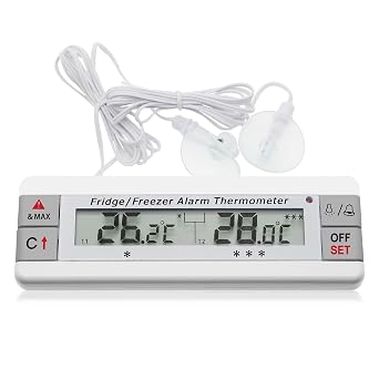 Digital Refrigerator Thermometer 2 Channel Freezer Thermometer with Alarm Sound Reminder Thermometer Fridge with Max/Min Temperature Record Freezer Alarm with Magnetic Back for Home Kitchen