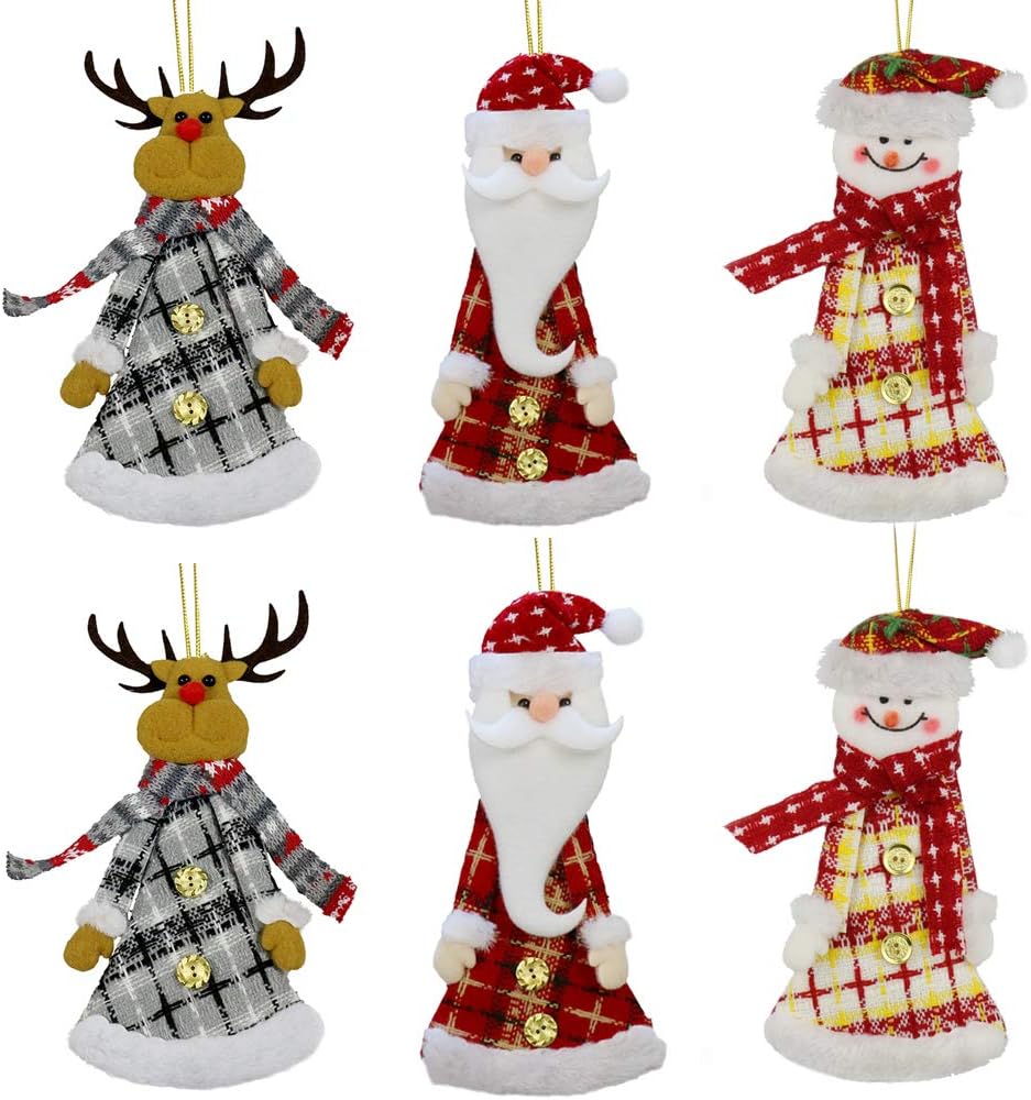 YOSICHY 6PCS Plush Christmas Tree Ornaments Xmas Decorative Hanging Ornaments Santa Reindeer Snowman for Holiday Party Decor Kids Gifts