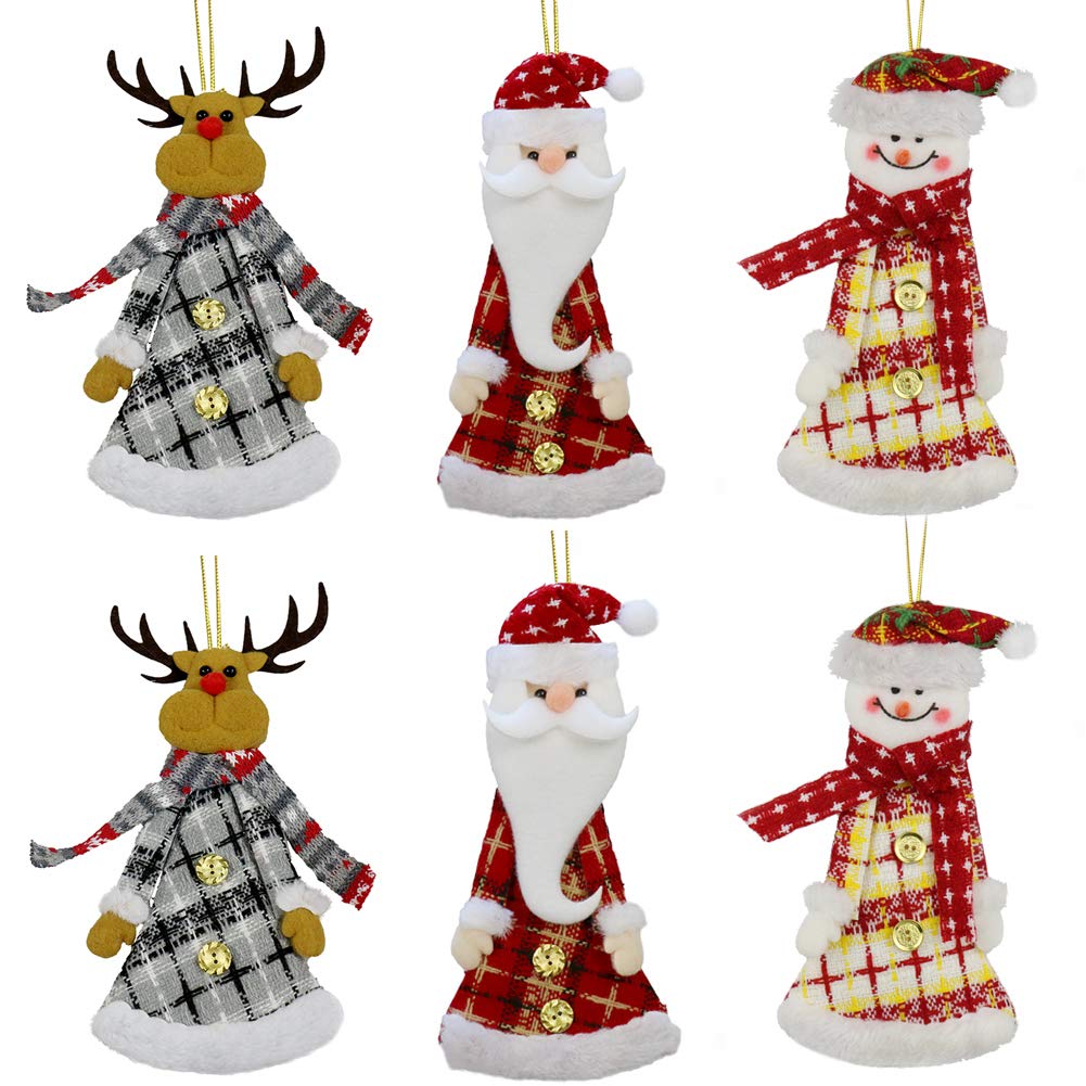 YOSICHY 6PCS Plush Christmas Tree Ornaments Xmas Decorative Hanging Ornaments Santa Reindeer Snowman for Holiday Party Decor Kids Gifts