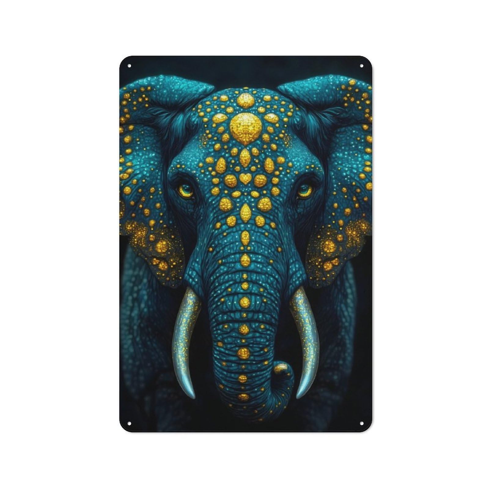 Junmoney Blue And Gold Elephant Friendly Metal Wall Decor 30X20cm, Decorative Metal Plaque For Coffee Bar, Small Shop Or Dining Room