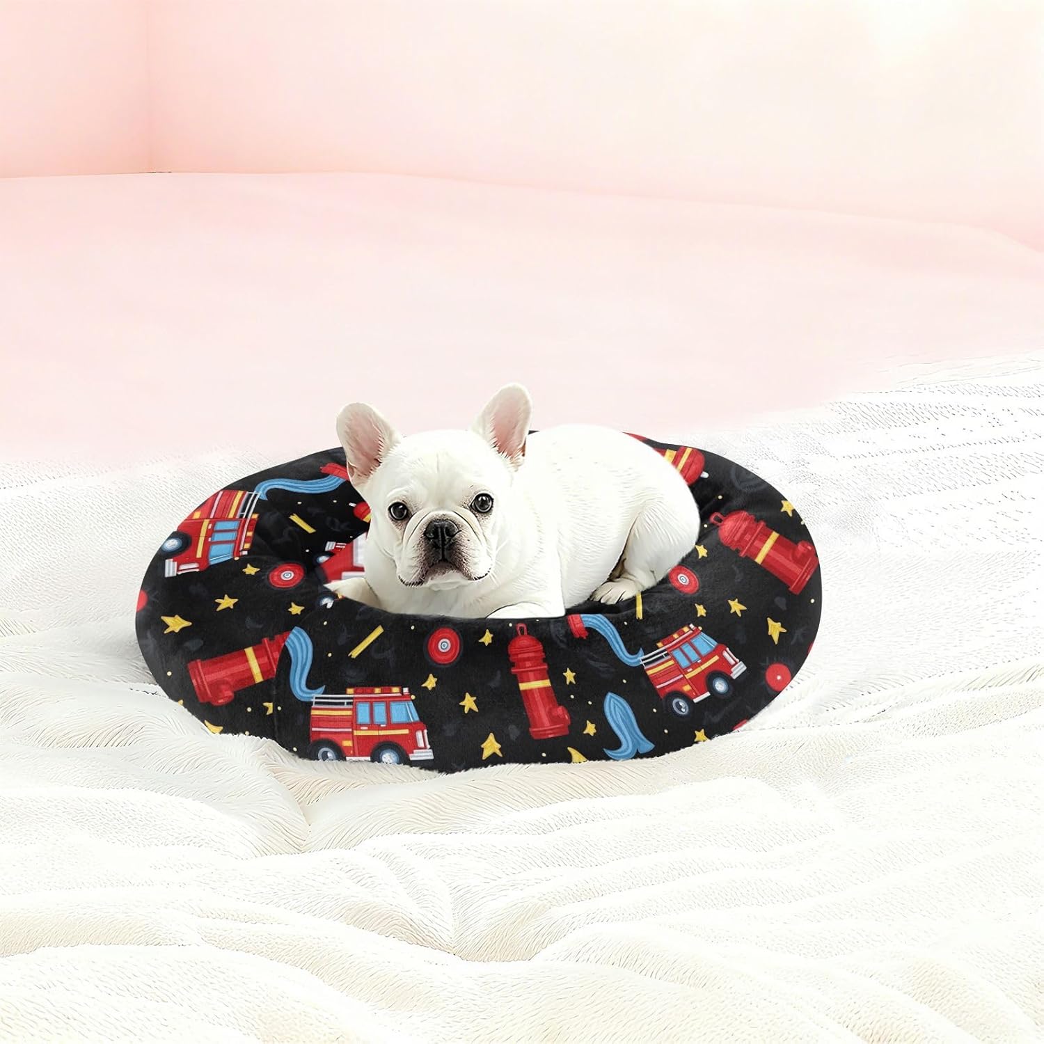 Pet Dog Bed Warm & Cozy Fluffy Cat Pillow Bed for Medium Size Pets Sleeping M Firefighter Fire Hose Hydrant Truck Black