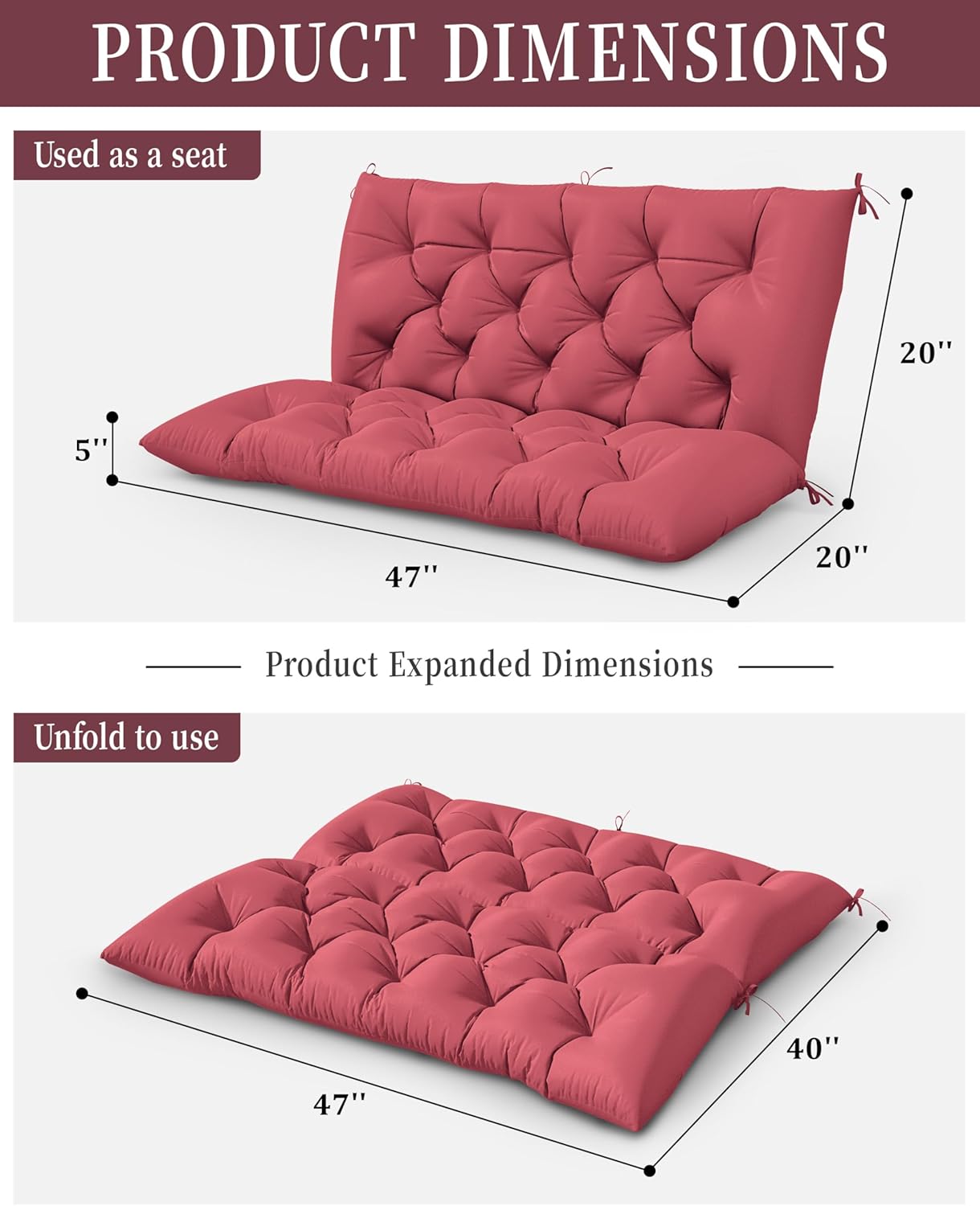 Porch Swing Cushion with Backrest 2-3 Seater Outdoor Bench Cushions Waterproof & Fade Resistant Thickened 5 Inch Swing Replacement Cushion Ties for Patio, Garden & Backyard（47''×40''×5''）