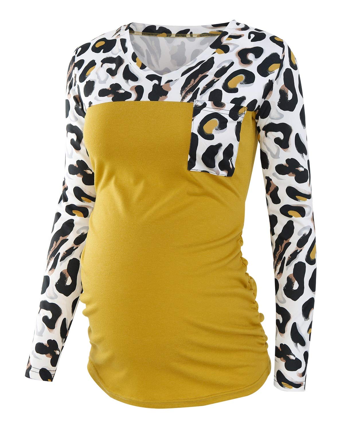 Ecavus Women's Casual Maternity Tops Short &amp; Long Sleeve V Neck Colorblock Pregnancy T-Shirt with Pocket