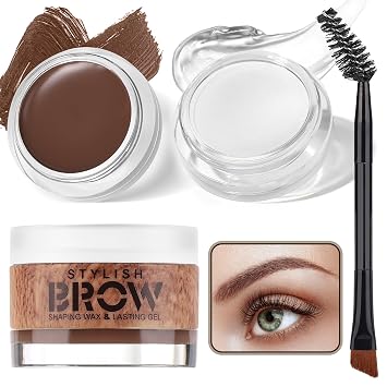 Eyebrow Makeup Kit, 2 in 1 Brow Gel With Styling Wax & Dual Ended Brush, Waterproof Light Brown Pomade for Sculpts and Fill, Clear Shaping Gel for Fluffy Feathered Look