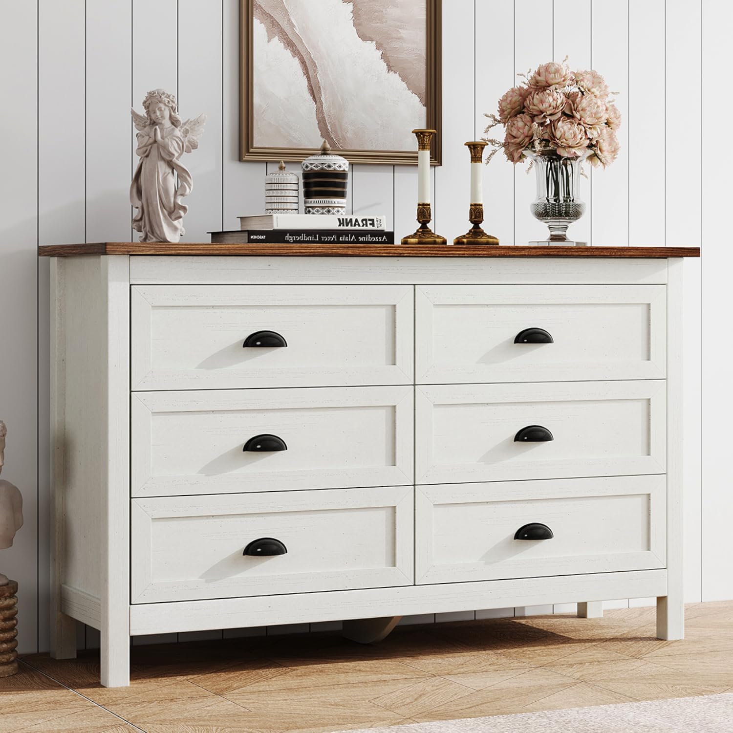 Amazon.com: HOUROM Farmhouse White Dresser for Bedroom, Modern 6 Drawer  Double Dresser for Bedroom with Vintage Black Handle, Wide Wood Dressers &  Chests of Drawers, 6 Drawer Dressers for Hallway, Antique White :