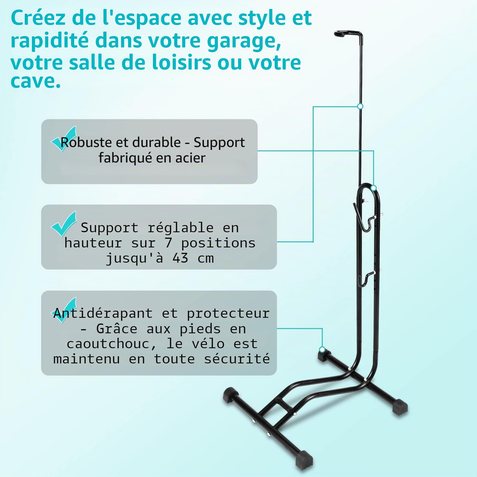 Lot de 2 supports de vélo de 20 à 29 pouces pour vélo, Support de sol vertical pour vélos, pour accrocher ou régler horizontalement et verticalement, Hauteur réglable, 20 à 29 pouces