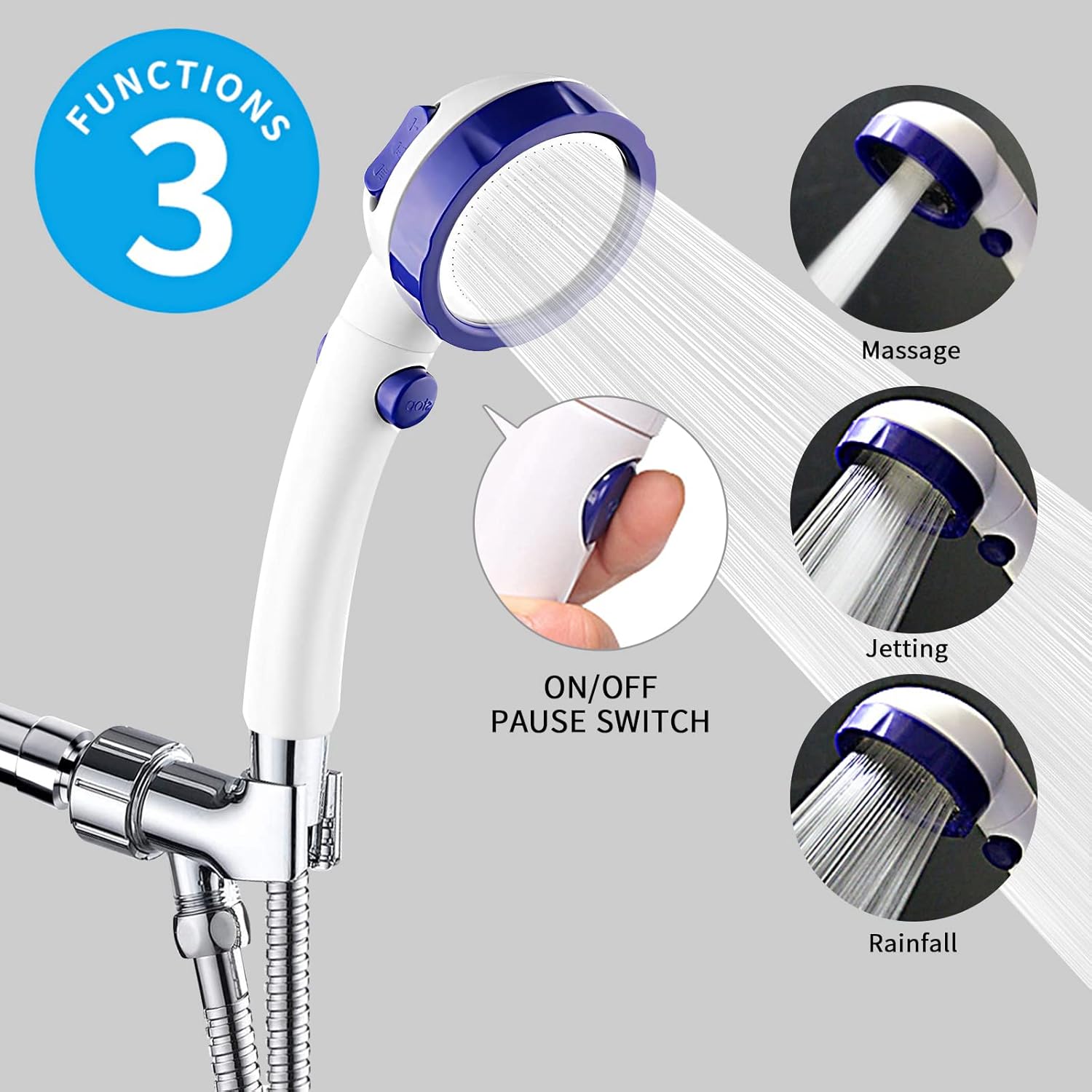 KAIYING High Pressure Handheld Shower Head with ON/OFF Pause Switch(White & Blue) & Self Adhesive Handheld Shower Head Holder(Chrome)