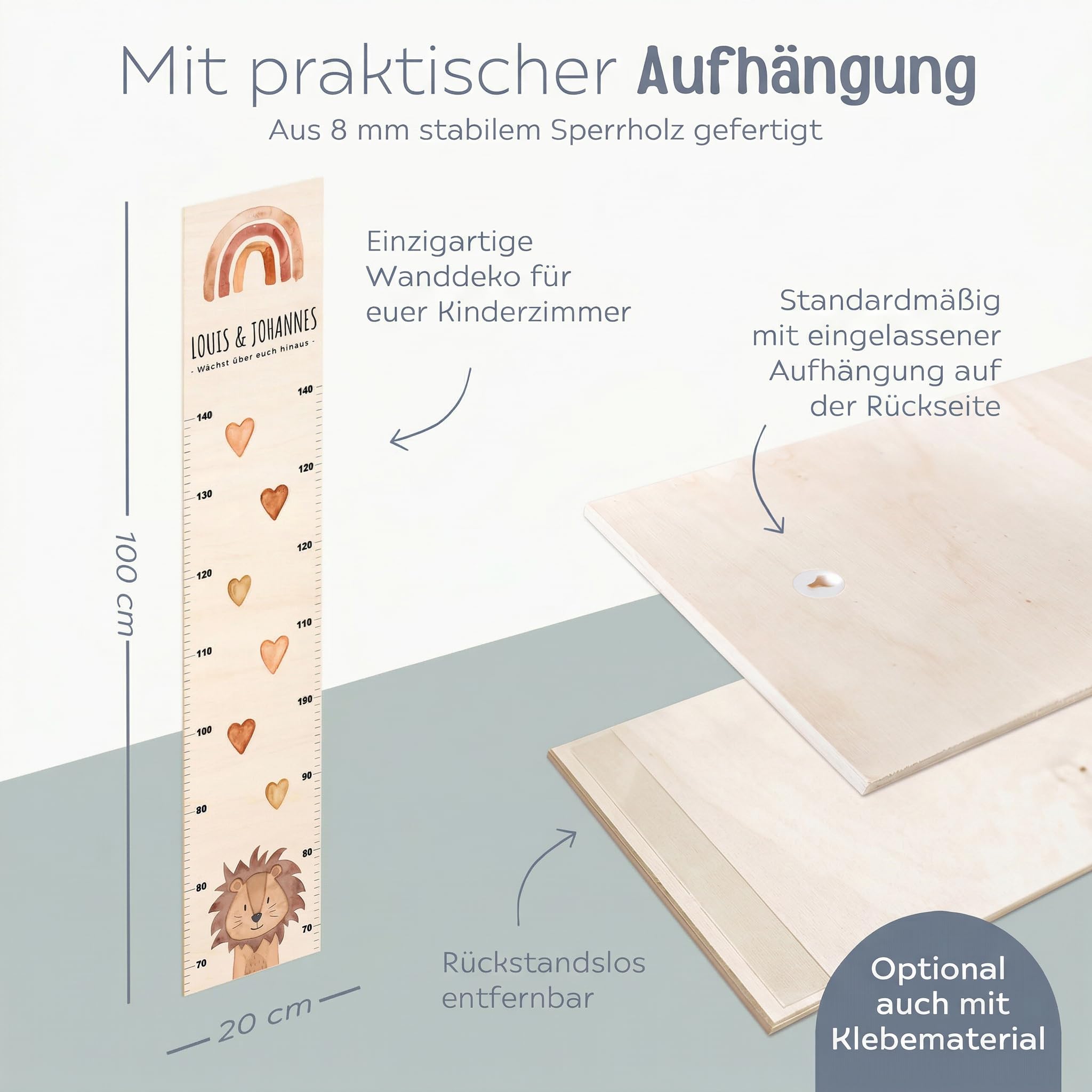 wunderwunsch® - Personalisierte Messlatte Kind Holz zum Kleben oder Aufhängen - Skala 70-140cm - Süße Dekoration für Baby- & Kleinkinderzimmer (Löwe)
