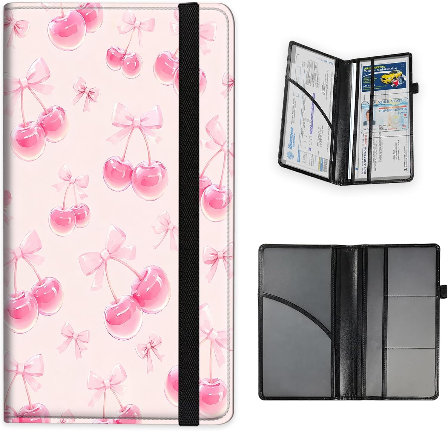 Car Registration and Insurance Card Holder,Pink Cherry Bow Pattern