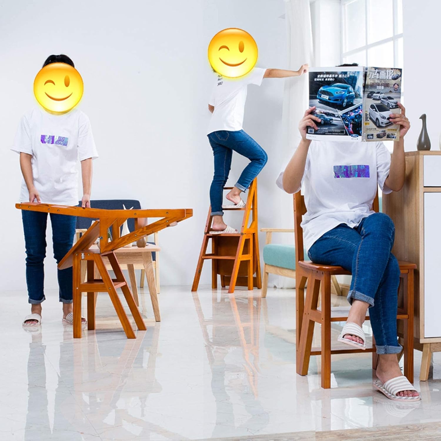 Folding 4 Step Ladder Stool Stepladder/Stairway Chairs, Conversion Foldable Library Step Ladder Chair for Kitchen and Office, Heavy Duty 200kg Capacity