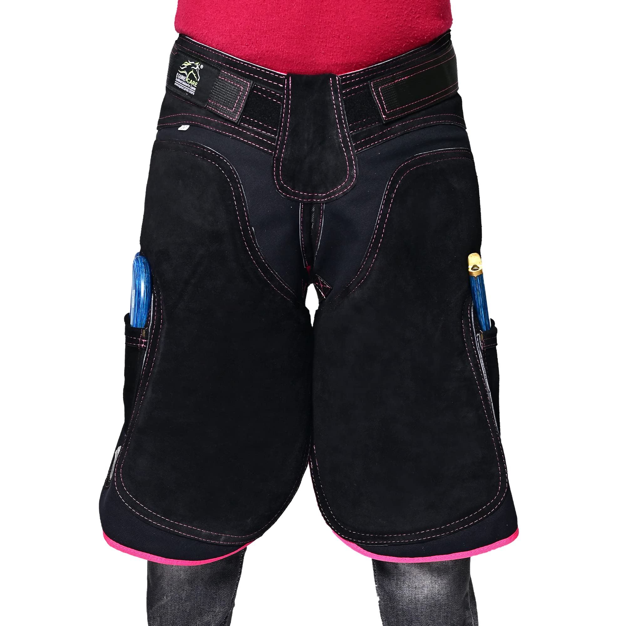 Equine Care Tablier de maréchal pour femme – Cuir de vachette et toile – 4 poches pour couteau à sabot, 2 aimants, support dorsal, taille réglable de 71,1 à 132,1 cm – Outils de maréchal pour