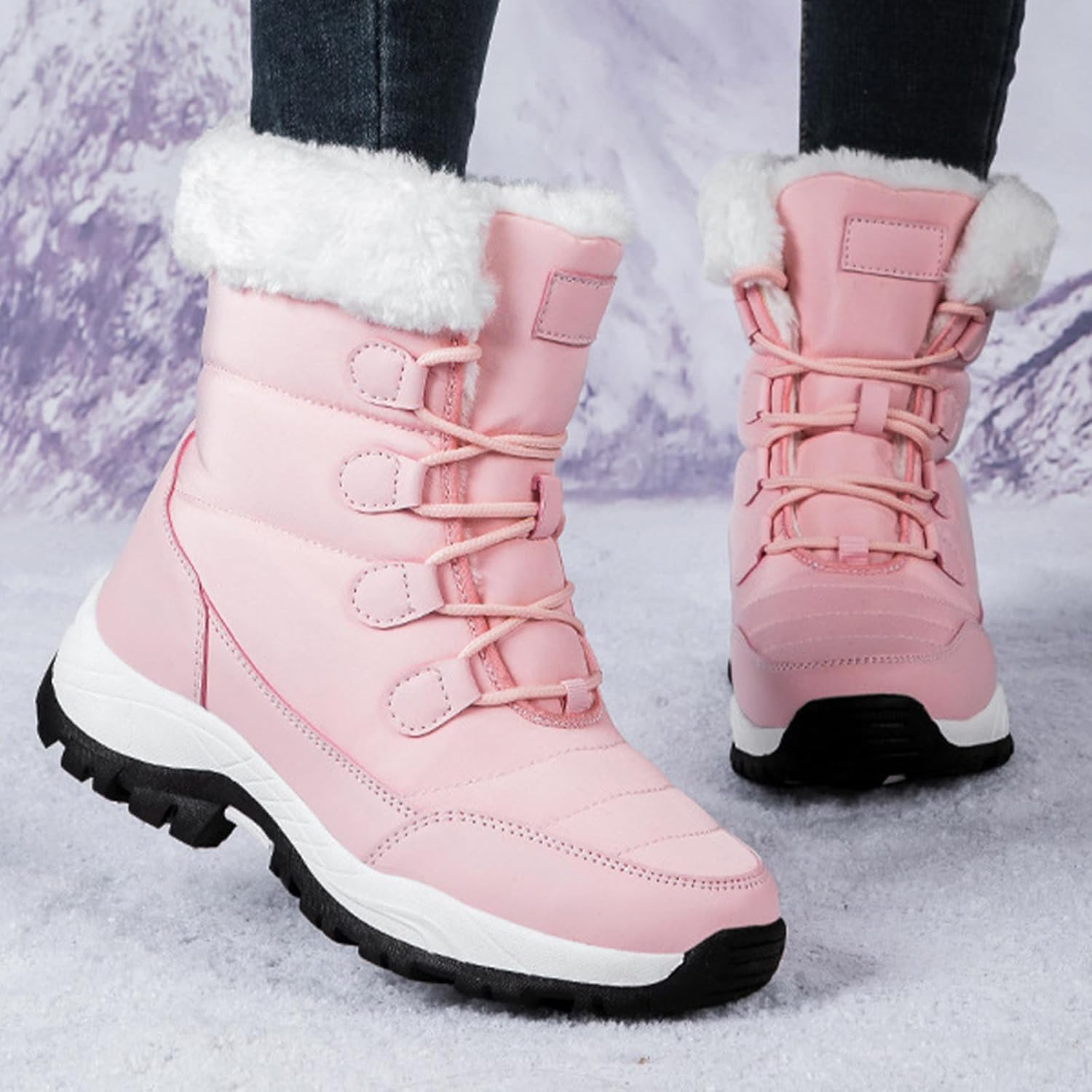 Women's Winter Ankle-Support Snow Boots,Comfy Warm Furry Collar Lined Waterproof Non-slip Lace-up Hiking Short Booties