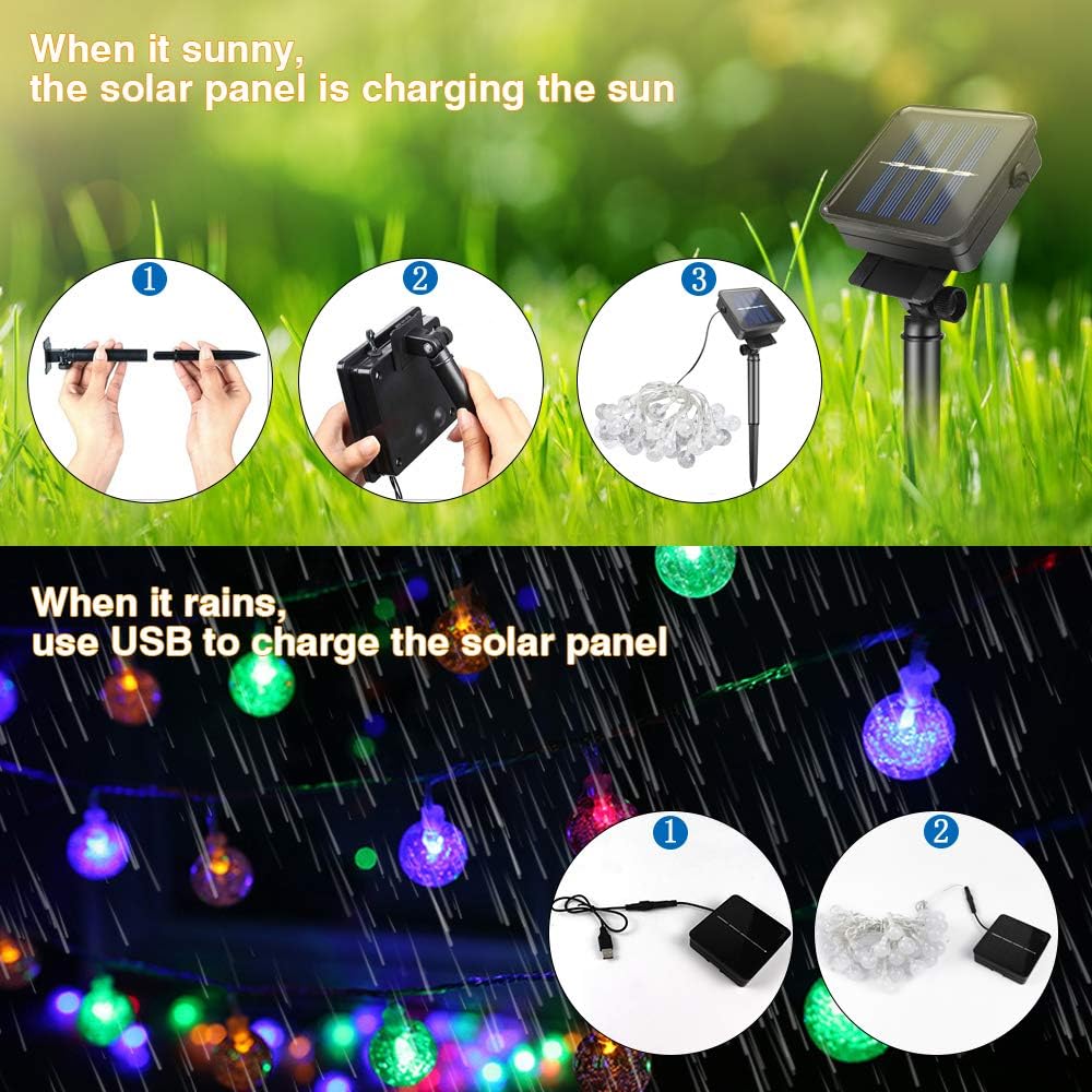 Globe Solar String Lights, 23FT 50LED Fairy Crystal Ball Light with Solar & USB Powered, 8 Modes Waterproof String Lights for Garden Wedding Party Outdoor/Indoor Decor(Multi-Colored)