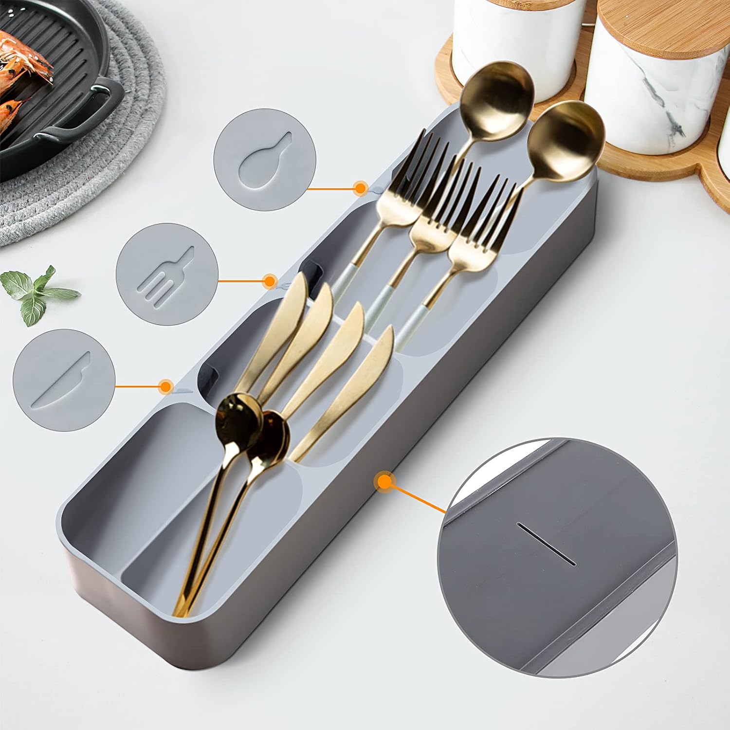 Moi Doi Kitchen Drawer Organizer Silverware Organizer for Kitchen Storage Tray Box for Cutlery Spoon Knife and Fork Partition Storage Gray