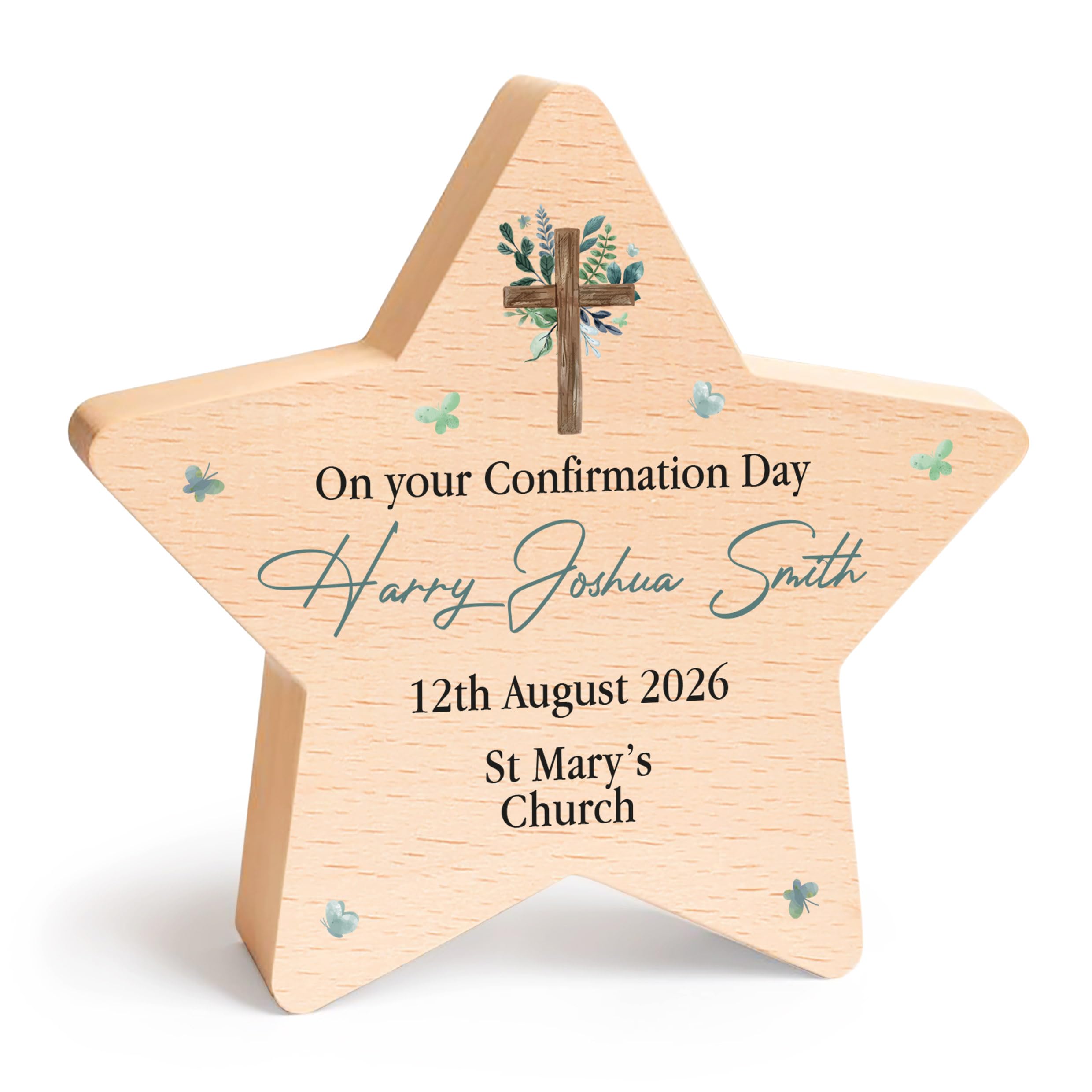 Beecreative Confirmation Gifts For Boys Girls Adults Personalised, Confirmation Day Keepsake, Confirmed Gift For Men Women, Wooden Star With Grey Bag