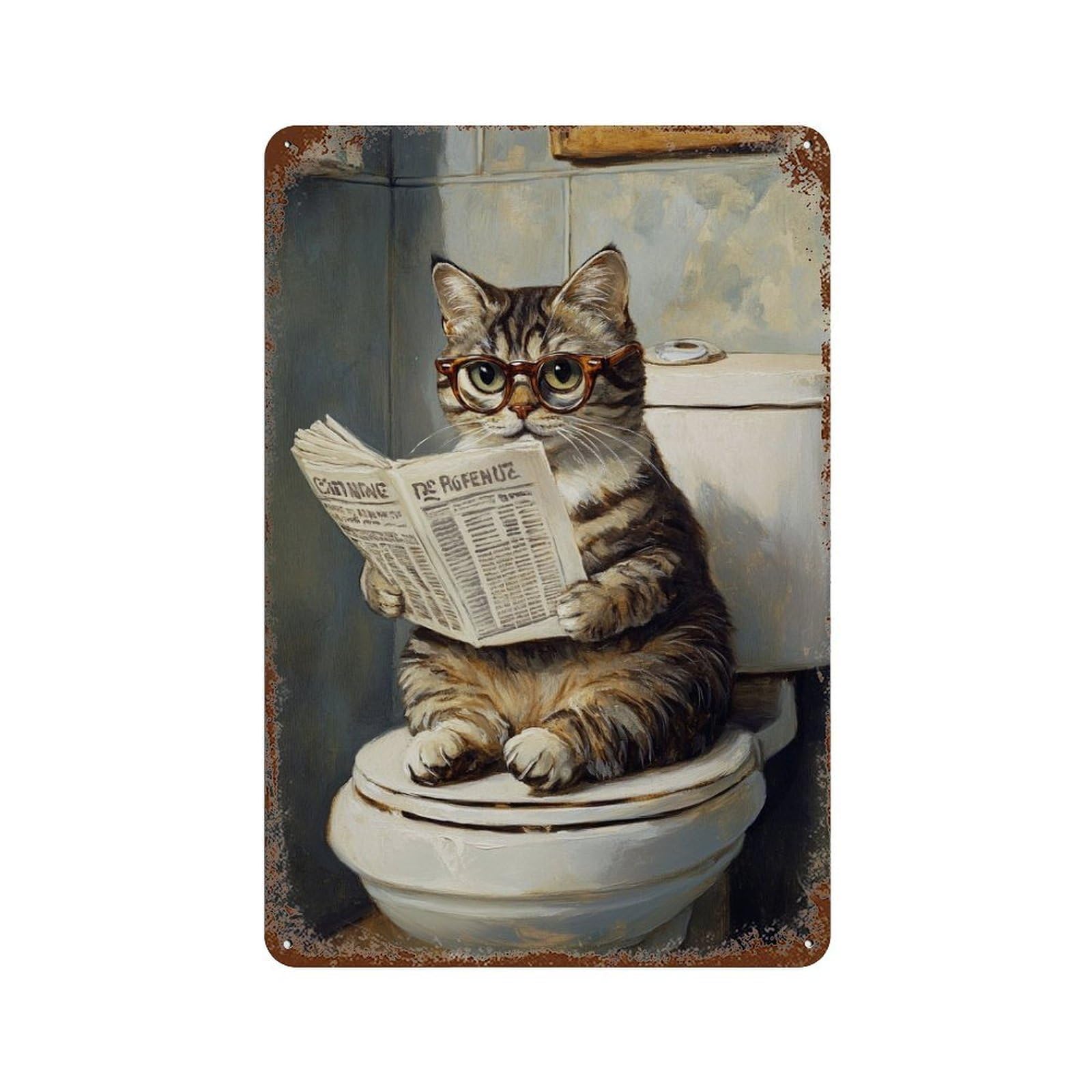 Vintage Rust Metal Sign Curious Cat on Toilet Reading Newspaper 11.8"x7.9", Industrial Home Decor for Farmhouse, Kitchen And Entryway Decor
