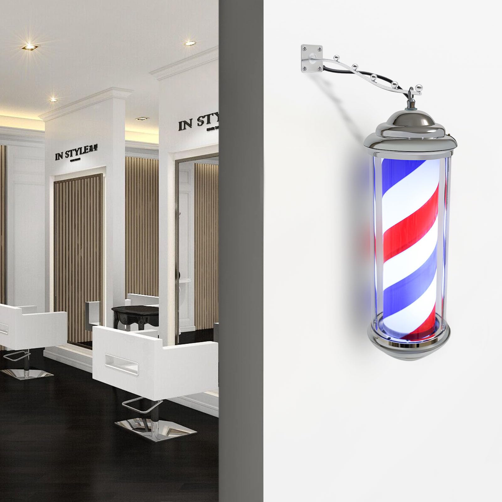 CLEADONG Barber-Pole Mit Rotierender LED – 4W, Rot-weiß-blau, Für Friseursalon-Wand