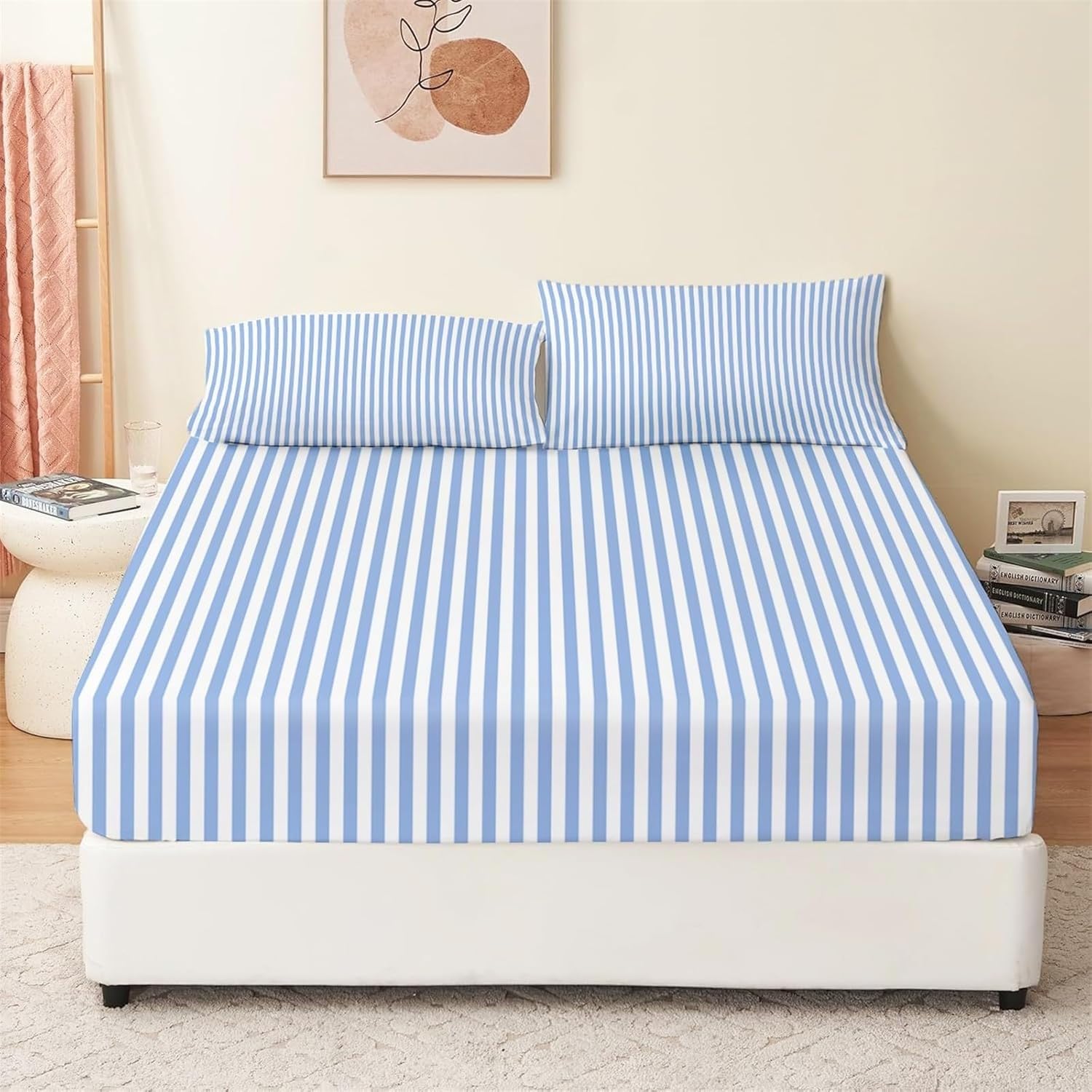 Funda Colchon Azul Sabana Bajera 160x200 Raya Sabanas Bajeras 160 Ajustable Ropa de Cama - 1 Cubre Colchon H30 cm y 2 Fundas Almohada 50x80 cm