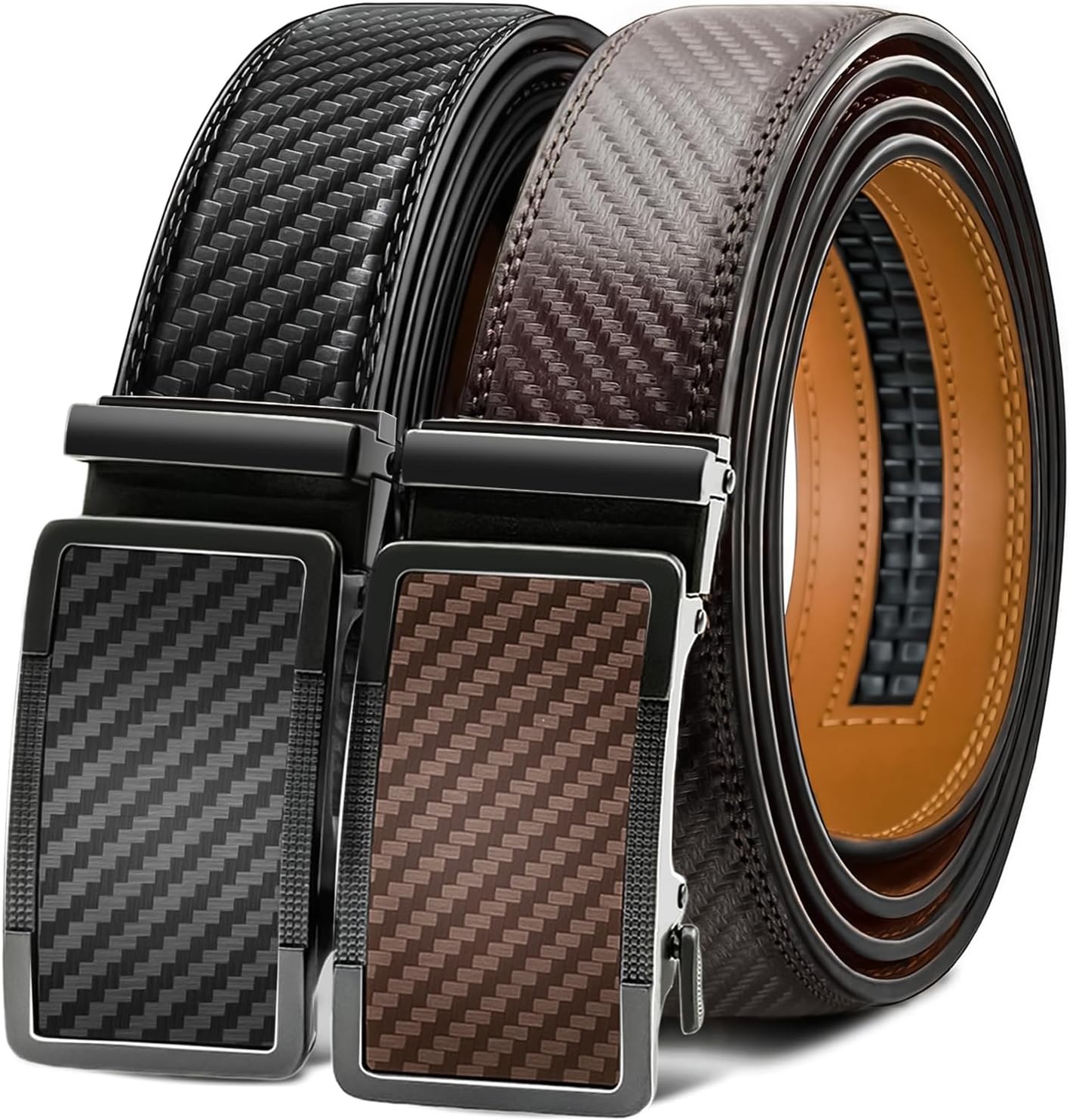 Mens Belts 2 Pack-Ratchet Slide Adjustable Leather Belts for Men, Trim to Fit, Dress&Casual (1 3/8")