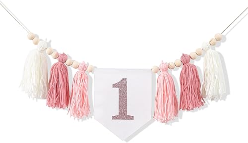 Cartel de primer cumpleaños para silla alta, pancarta temática de borla de oro rosa para niña, telón de fondo de fotos de primer cumpleaños,