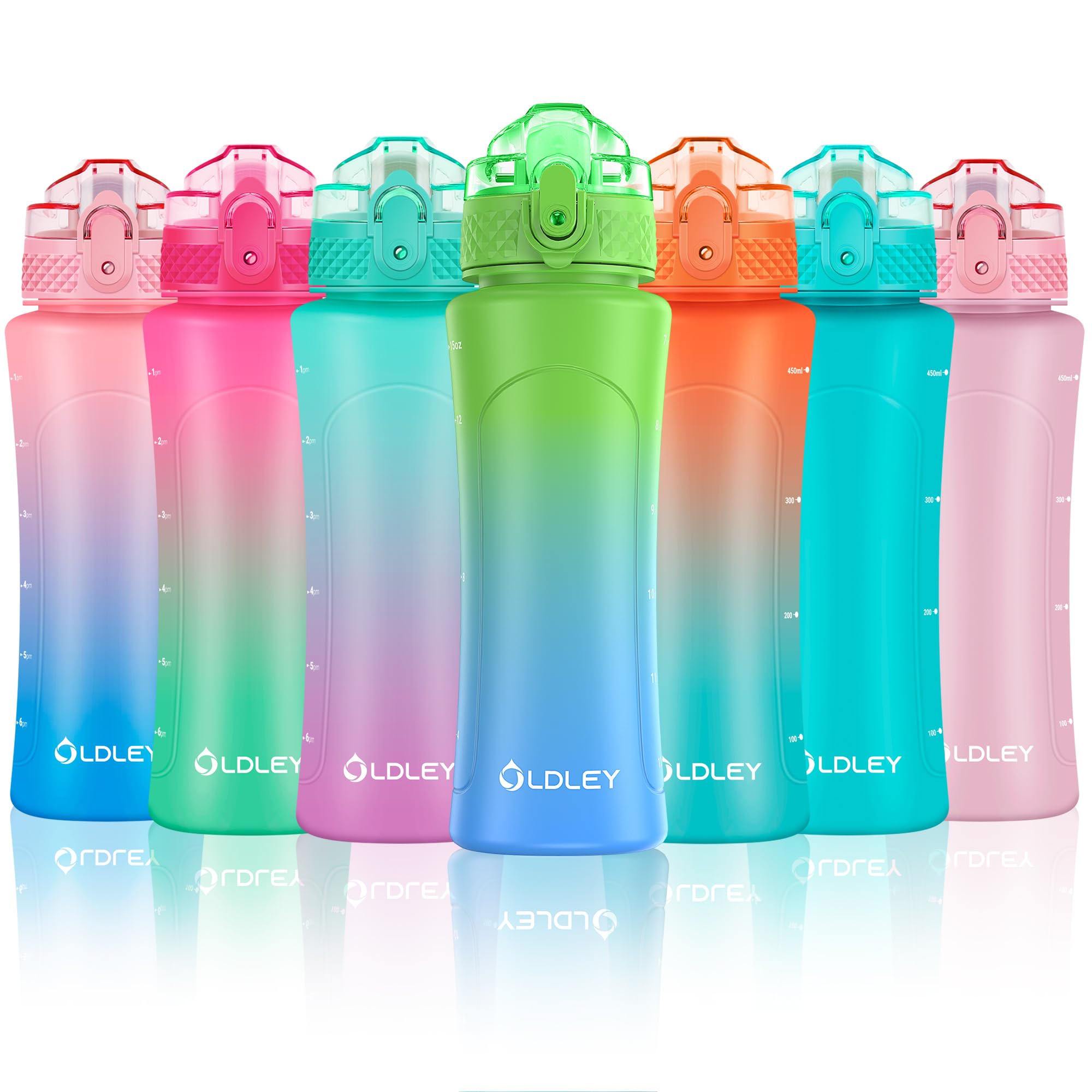 OLDLEY 450ml/15oz Water Bottle with Straw Reusable Drink Bottles with Times Markings for School Home Camping Outdoor Sports BPA Free Leakproof Durable — image 1