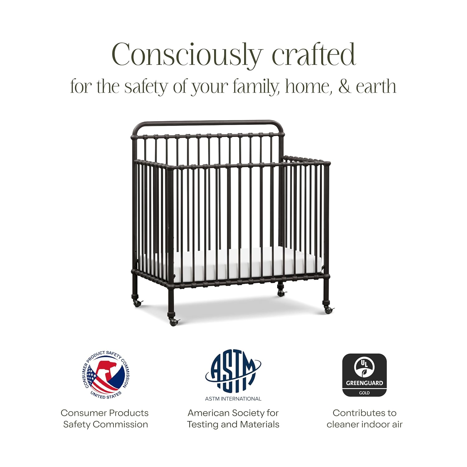 Namesake Winston 4-in-1 Convertible Mini Crib w/Removable Wheels - Converts to Toddler Bed, Daybed & Twin-Size Bed - GREENGUARD Gold Certified - 4 Adjustable Heights - Durable Metal, Easy to Assemble