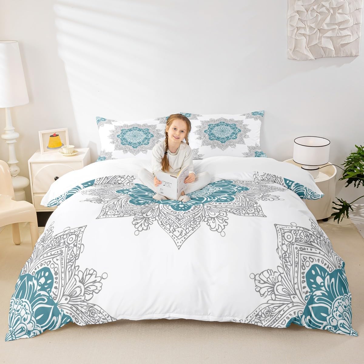Erosebridal Hippie Mandala Bed Set for Girls Boys Bohemian Floral Duvet Cover, Boho Paisley Bedding Set Queen Indian Medallion Comforter Cover, Chic Aesthetic Bed Cover White Teal Room Decoration
