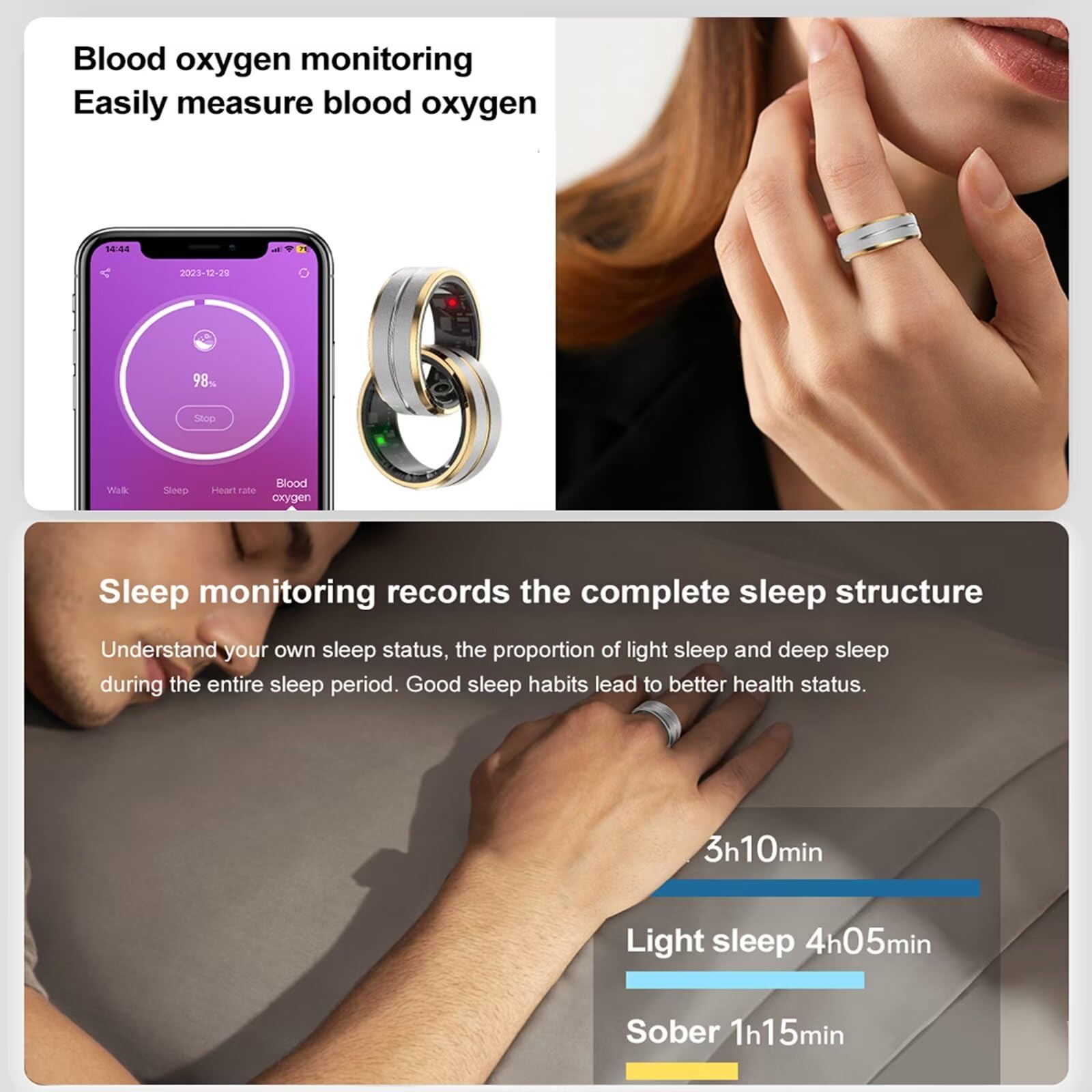 Smart Ring Herzfrequenz Fitness Tracker Ring Android IOS Smartringe Herren Damen Schlaftracker Schlaf Tracker Smartring Fitnessring Schrittzähler Fitnesstracker Gesundheitsring Pulsmesser Gold Silber