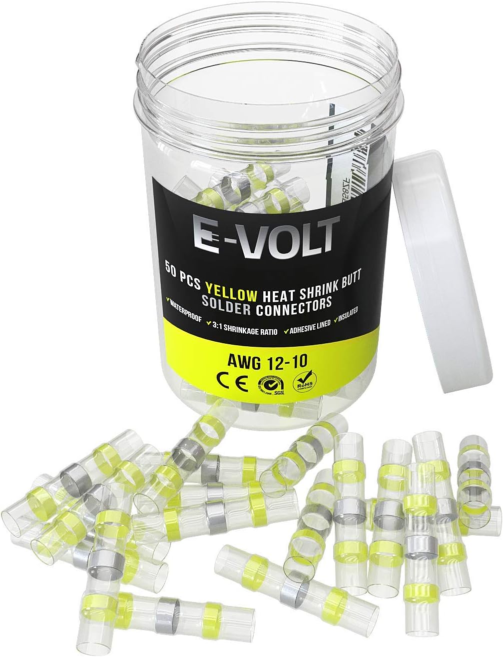 E-VOLT Solder Seal Wire Connectors – 50 PC Yellow Heat Shrink Butt Connectors for 12-10 Gauge Wires – Industrial Grade, Low Temperature Melt Soldering Terminals for Marine and Automotive