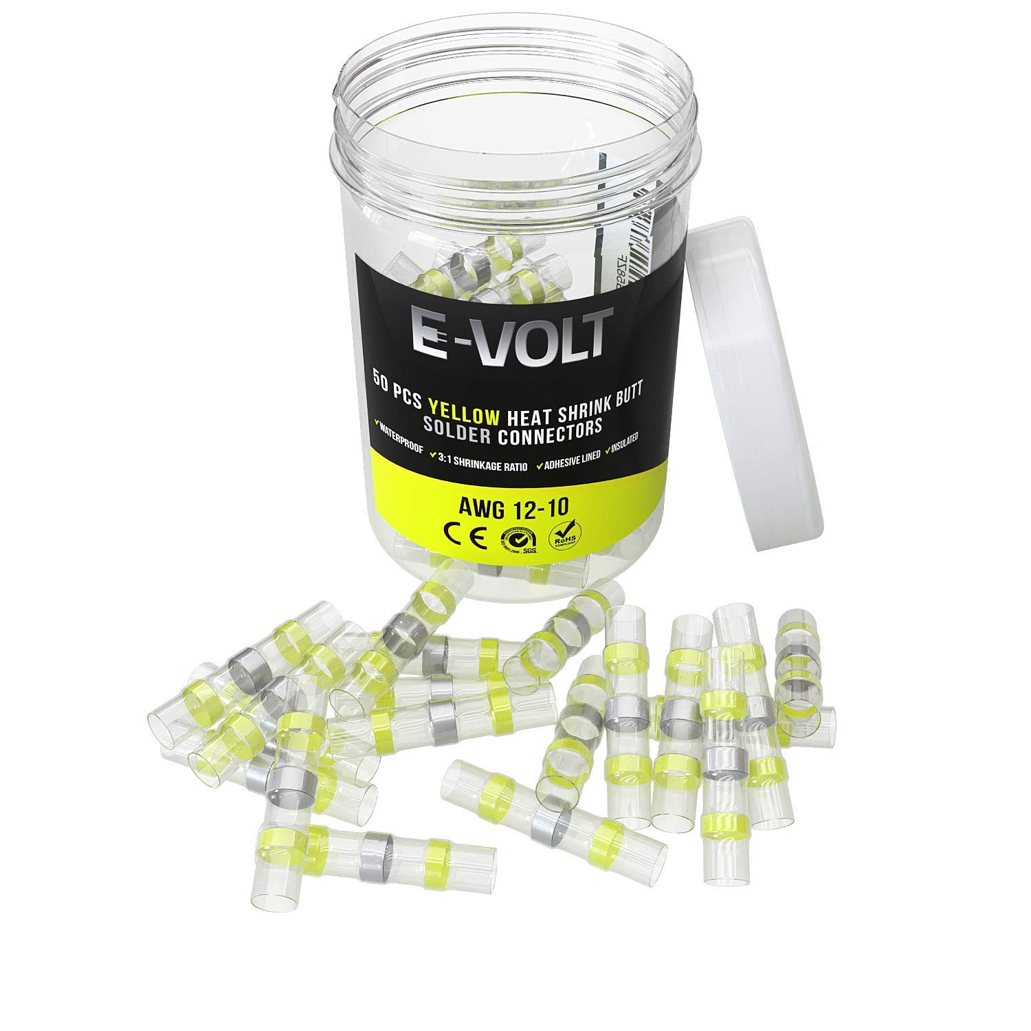 E-VOLTSolder Seal Wire Connectors - 50 PC Yellow Heat Shrink Butt Connectors for 12-10 Gauge Wires - Industrial Grade, Low Temperature Melt Soldering Terminals for Marine and Automotive