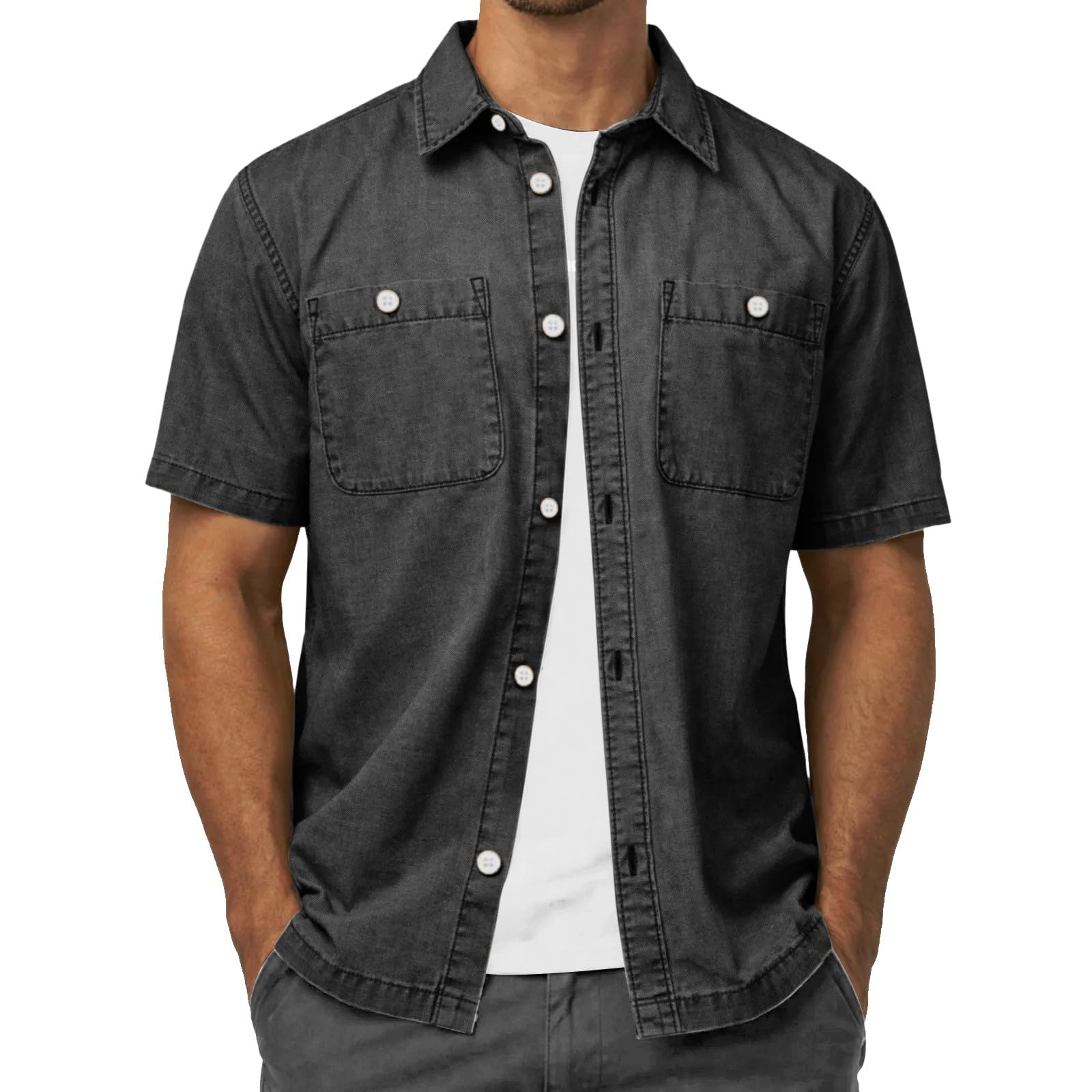 WWricotta Camicia Denim Uomo Maniche Corte Bottoni Taschino, vestibilità Comoda, Cotone Leggero per Outdoor e Tutti i Giorni