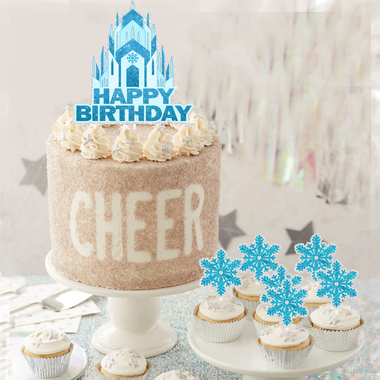 Ice Princess Cake Toppers, Cake Toppers For Girls, Silver Blue Snowflake Cupcake Toppers For Princess Happy Birthday Cake Decorations (A