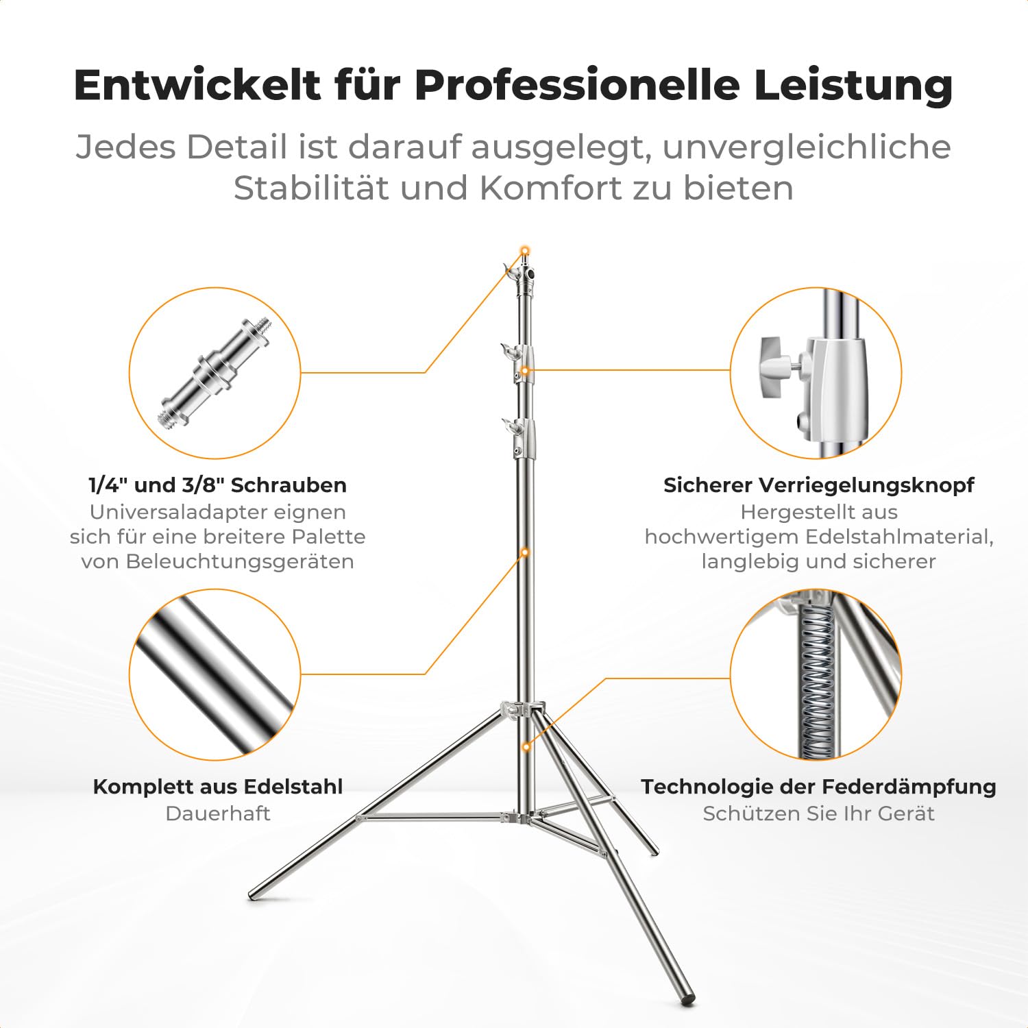 K&F CONCEPT 9.2ft/2.8m Lichtständer Licht Stativ Edelstahl federbelastet | max. Last 22lb/10kg Fotostativ mit stärkeren Rohrverbindungen für Strobe Softbox LED Ringlicht