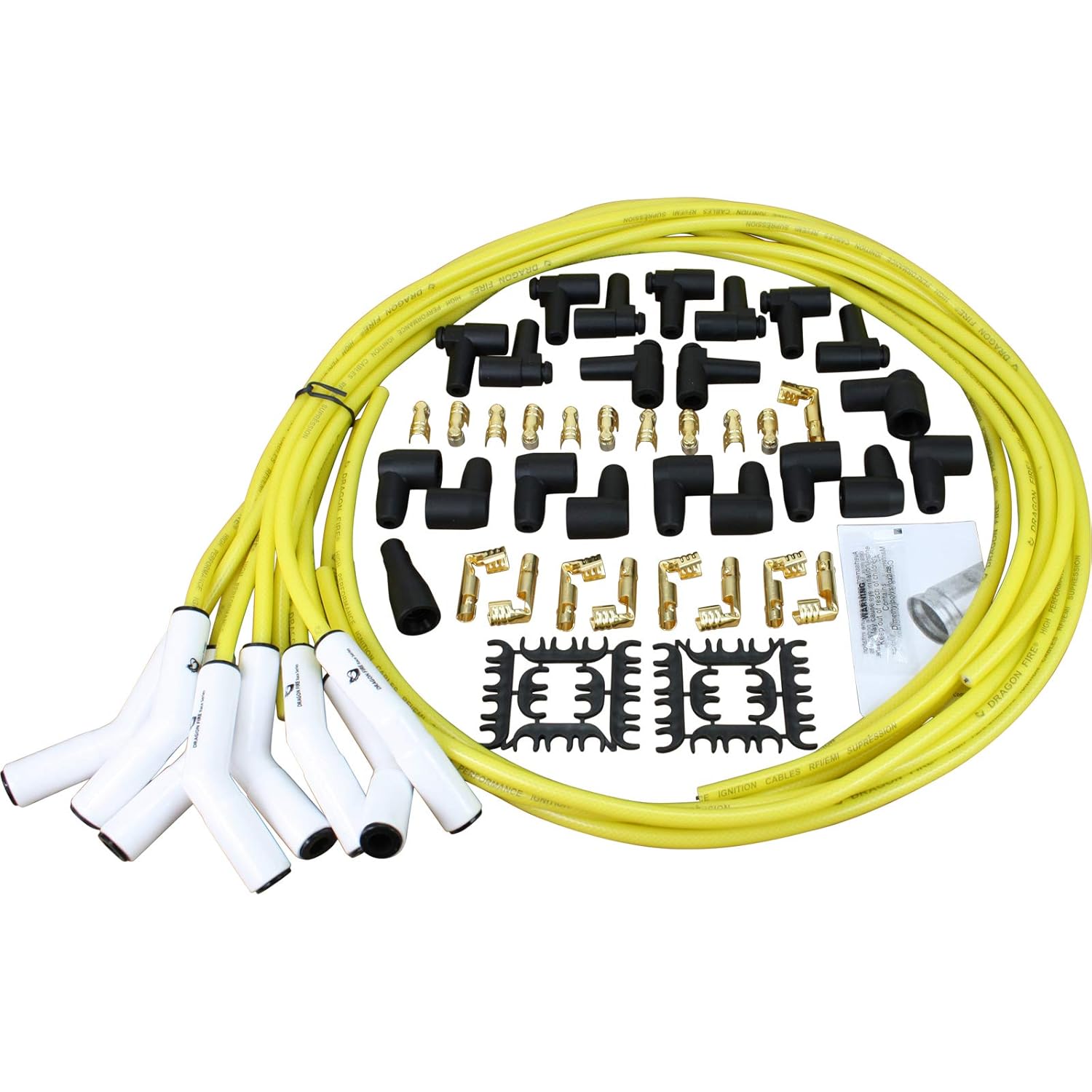 Dragon Fire Retro Series Transparent Yellow and White Ceramic True Universal Spark Plug Wire Set For All Vehicles Chevy Buick Dodge Ford Fits Female Socket and Male HEI Post Caps Oem Fit PWJ228-WYT