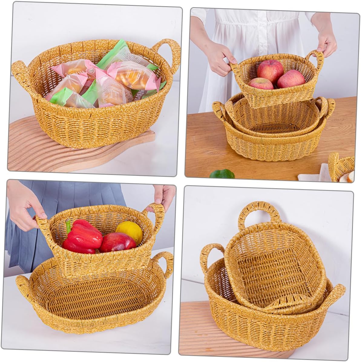 Simulated Rattan Oval Deep Fruit and Bread Basket with Double Handles, Large Plastic Wicker Tray for Kitchen Storage and Outdoor Picnic Serving